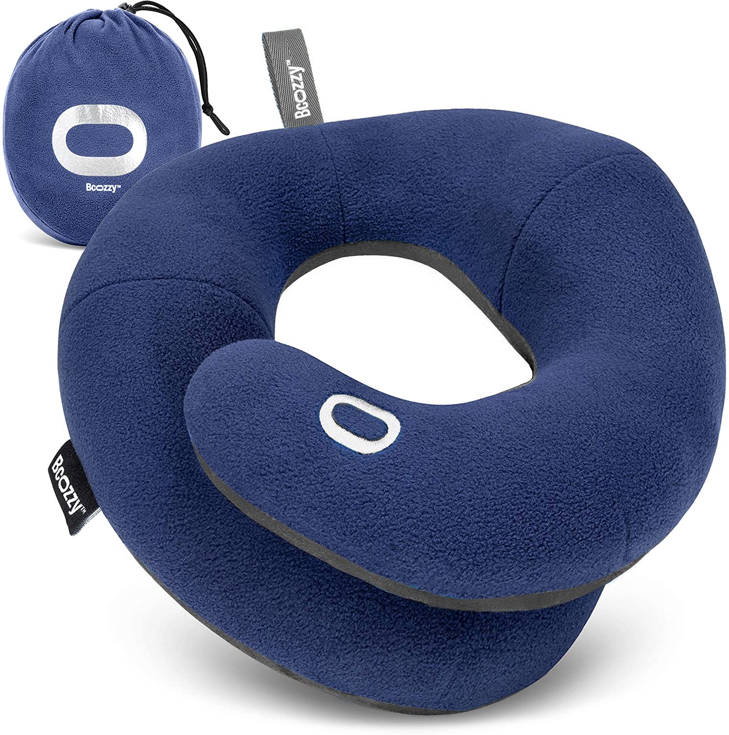 BCOZZY Travel Neck Pillow for Airplane - Patented Double Support for Head, Neck, and Chin. Best for Long Flights, Plane Sleeping, and Car Rides. Adjustable Size. Fully Washable. Carry Bag. Large, Navy
