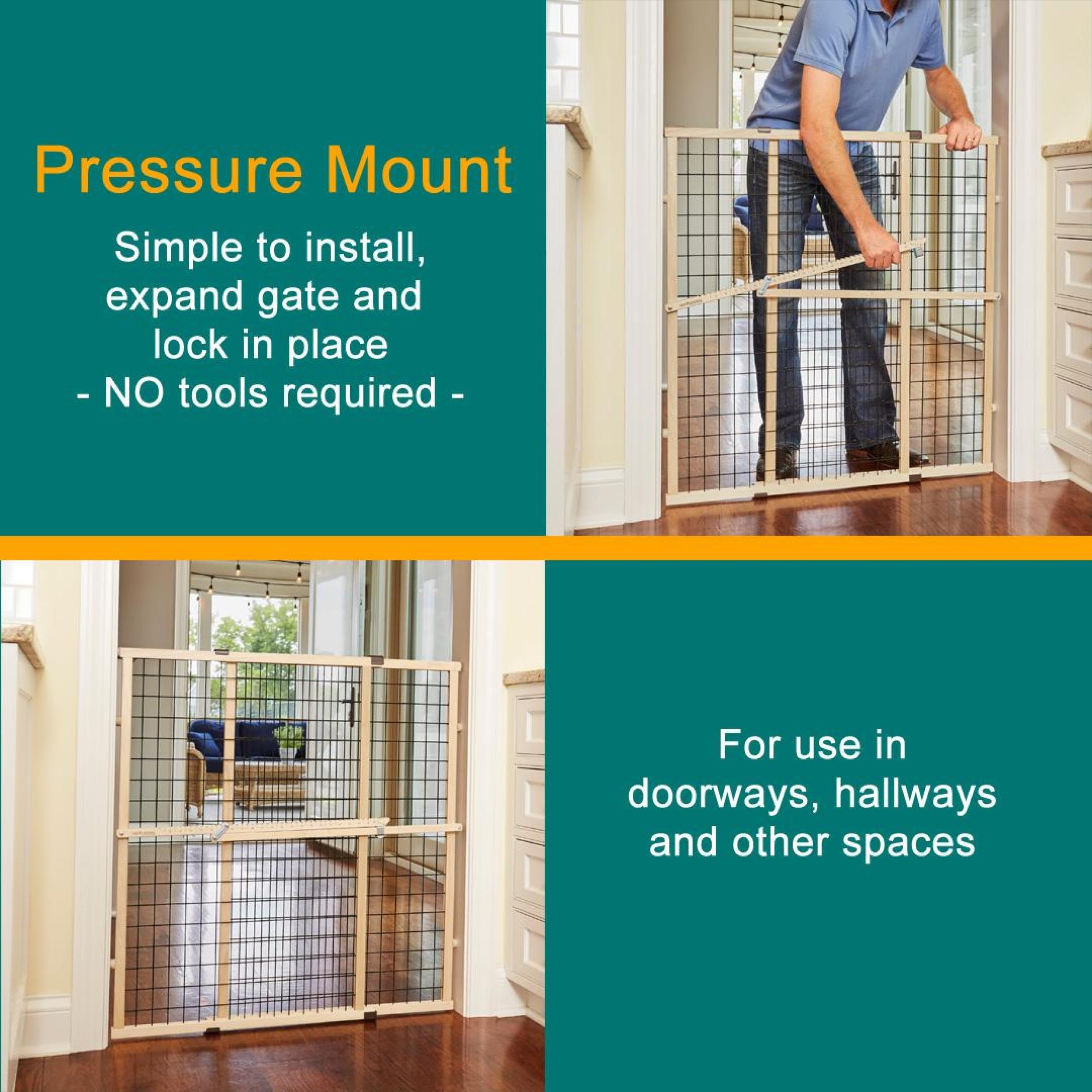 MYPET North States Wire Mesh Dog Gate: 29.5-48" Wide. Pressure Mount. No Tools Needed. Made in USA. Dog Gate 37" Tall, Expandable, Durable Dog Gates for Doorways, Sustainable Hardwood, Natural Finish