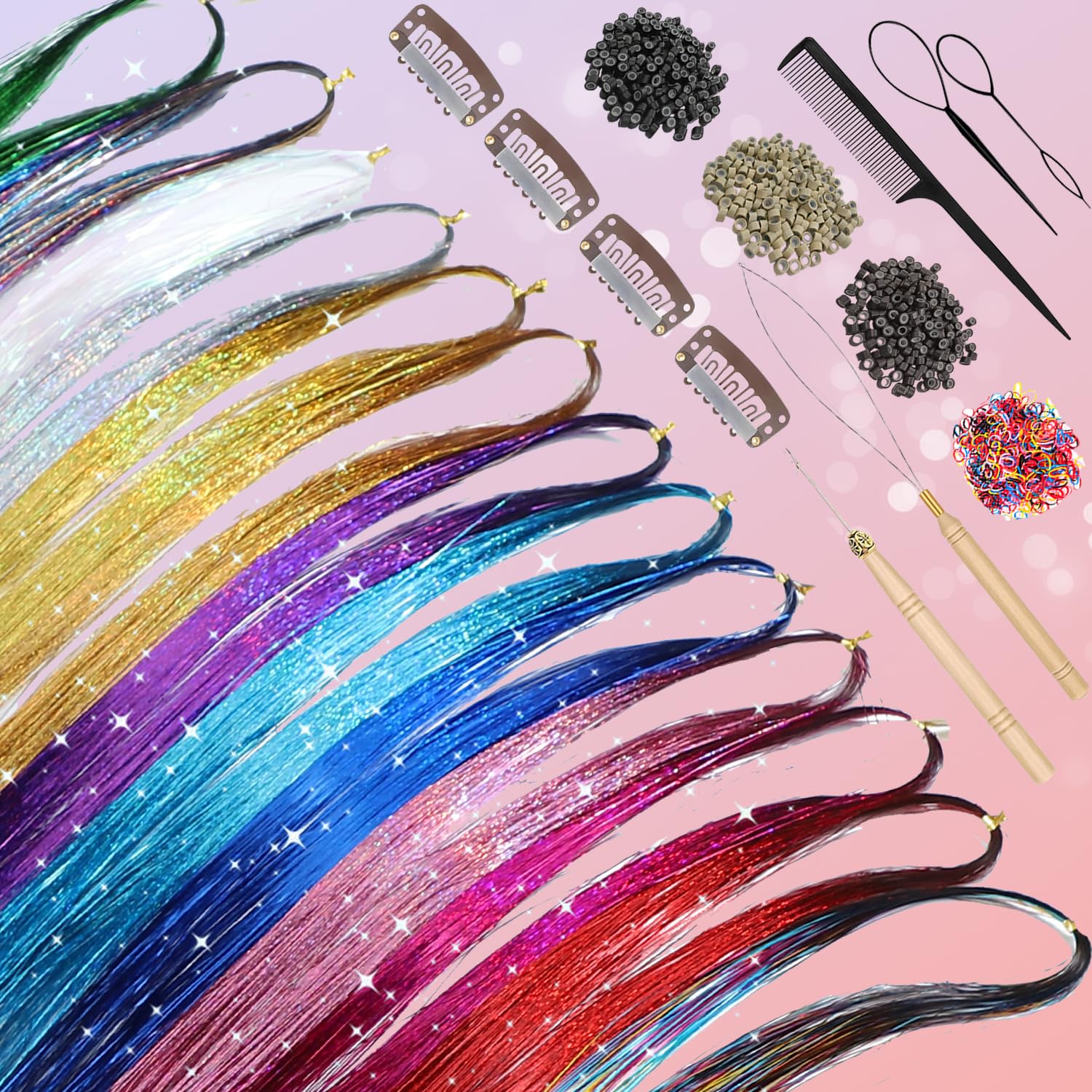 Aokomisu Hair Tinsel, 18 Colors 7800 Strands 48 Inch Glitter Tinsel Hair Extensions Kit Heat Resistant Daily Use Festivals Shiny Fairy Hair Accessories for Girls Kids Women (18 Colors)