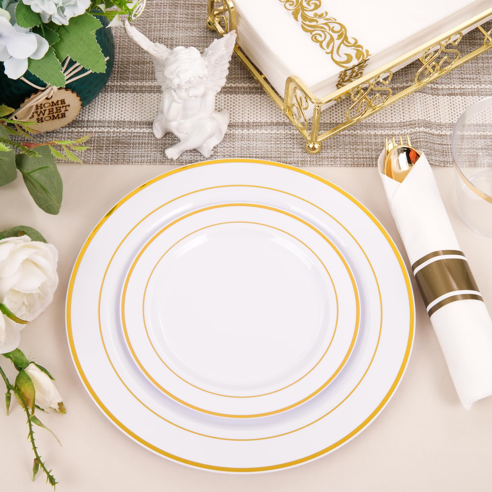 WDF Partyware 350Piece Gold Dinnerware Set for 50 Guests - Gold Plastic Plates with Disposable Cutlery Include:50Dinner Plates-50Dessert Plates-50Pre Rolled Napkins with Silverware for Thanksgiving