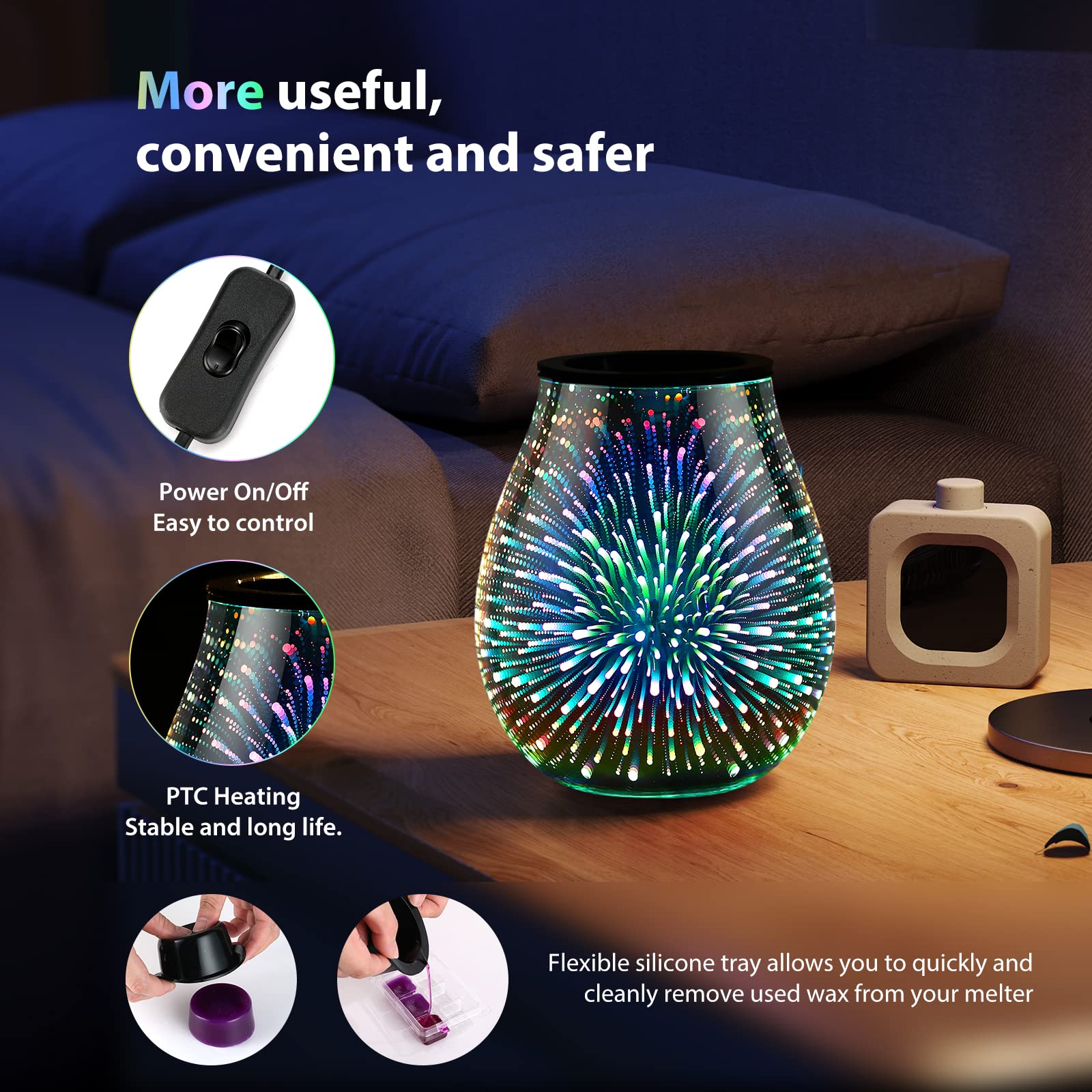 Inrorans 3D Glass Electric Wax Melt Warmer Oil Burner with Stable Heating PTC Reusable Silicone Tray 7 Colorful Changing Led Light Night Light Scent Warmer for Home Fragrance Warmers(3D Firework)…