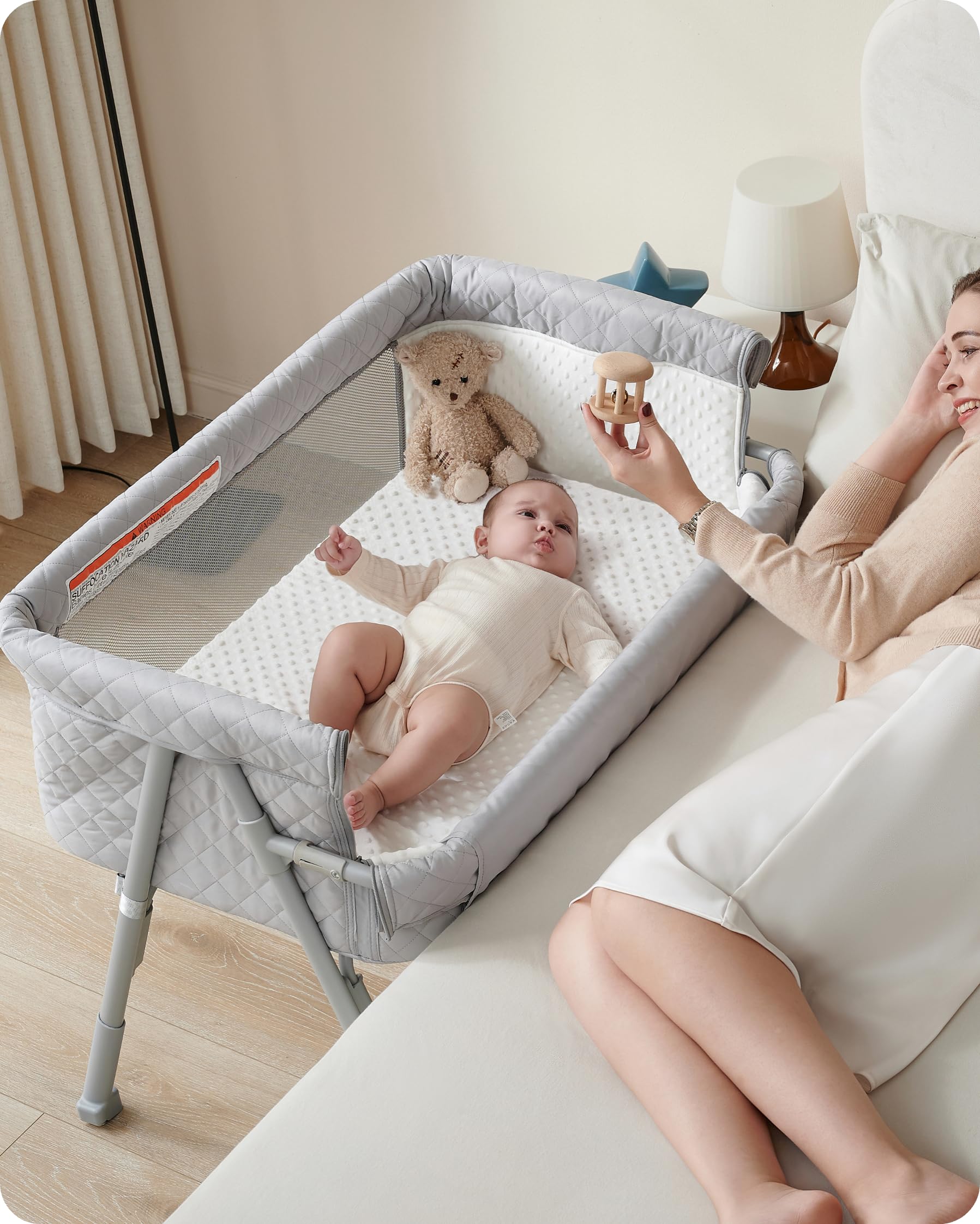 سرير أطفال AirClub Bassinet، سرير أطفال للمواليد، سرير أطفال بجانب السرير مع 4 أقفال تلقائية وارتفاع قابل للتعديل، شبكة وم مرتبة قابلة للتنفس، سرير أطفال بجانب السرير