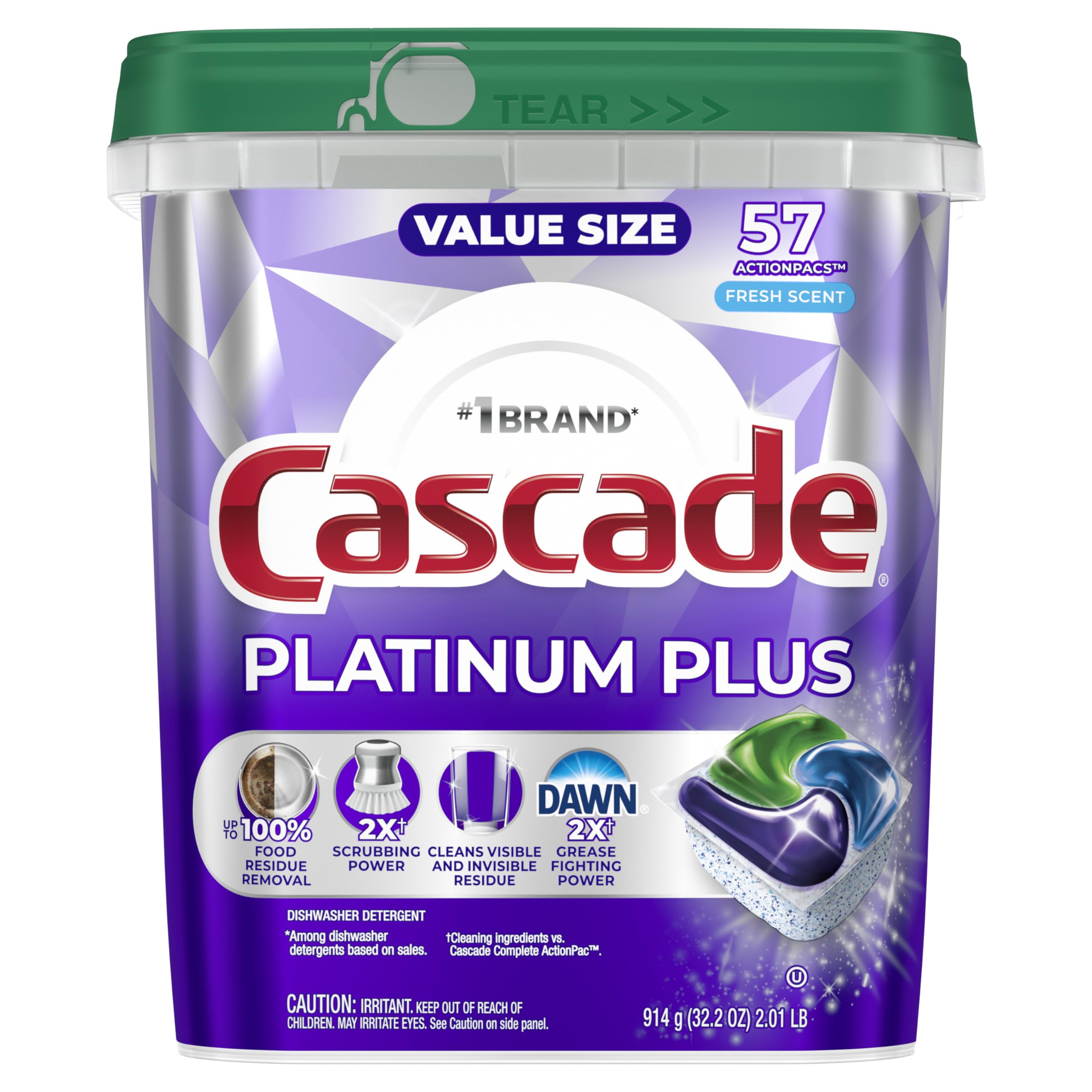 Cascade Platinum Plus Dishwasher Pods, Dishwasher Detergent, Dish Detergent Soap, Fresh, 57 Count