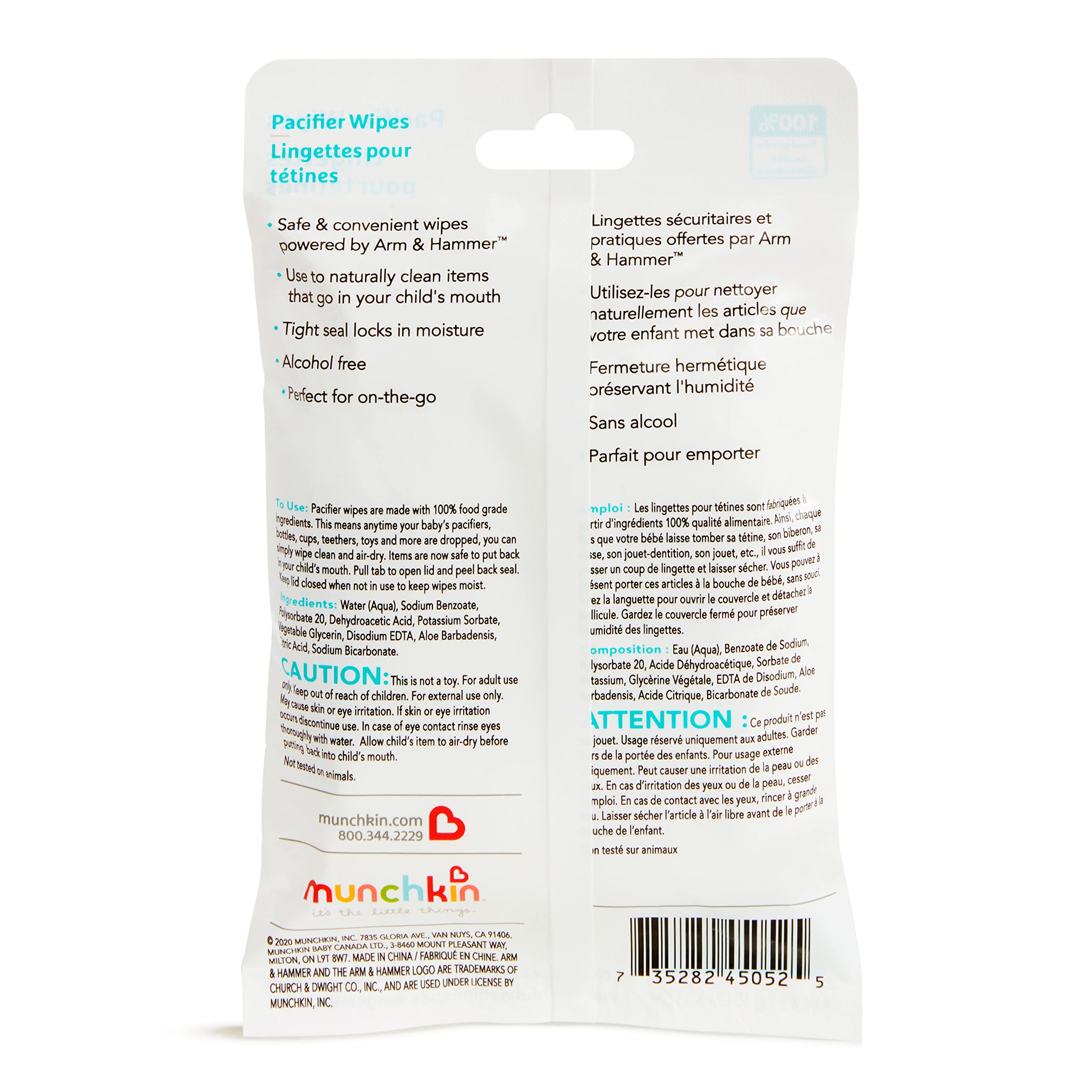 Munchkin Arm & Hammer Pacifier Wipes - Safely Cleans Breast Pump Parts and Feeding Essentials for Baby and Toddler, 1 Pack, 36 Wipes