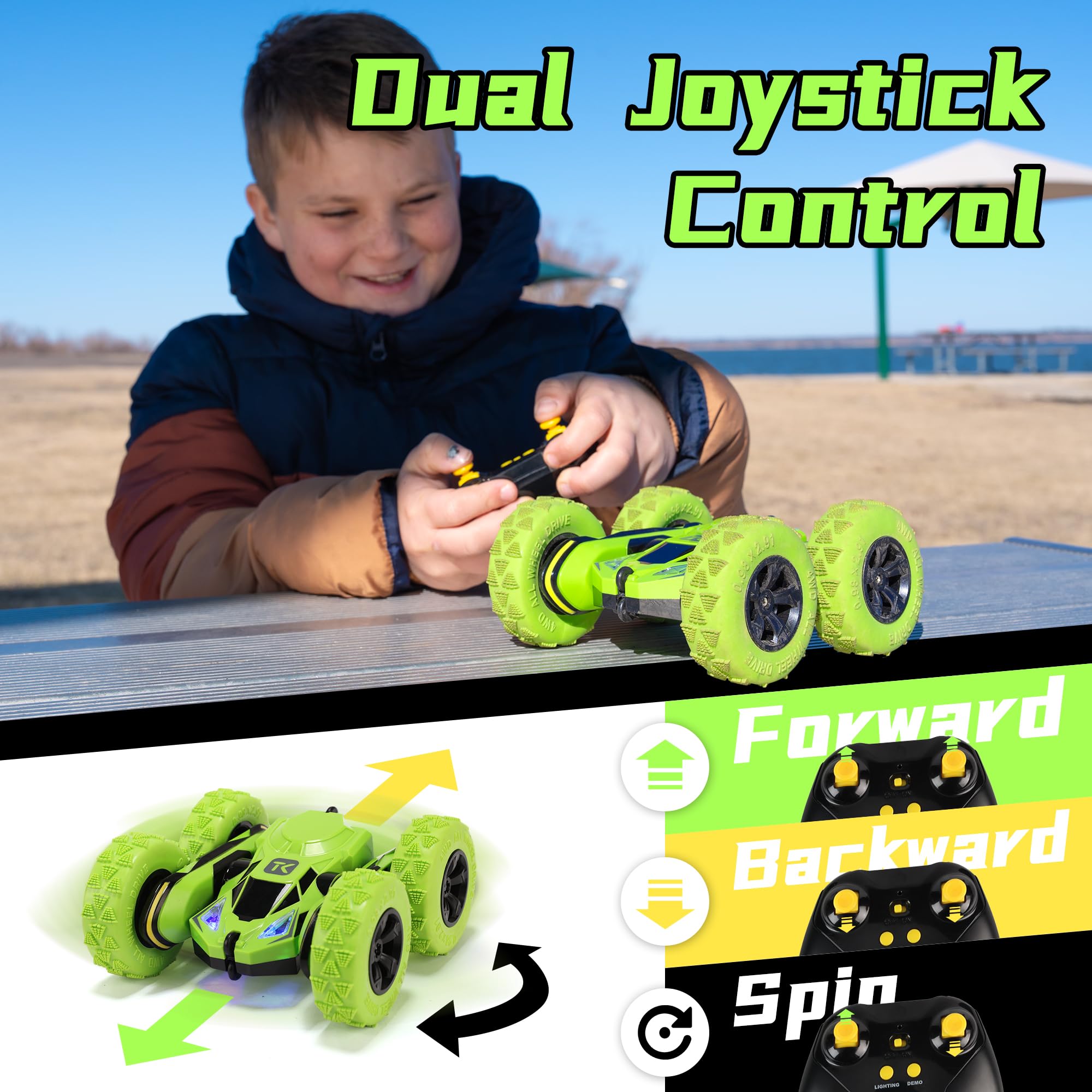 Threeking RC Stunt Cars Remote Control Car Double-Sided Driving 360-degree Flips Rotating Car Toy, Green