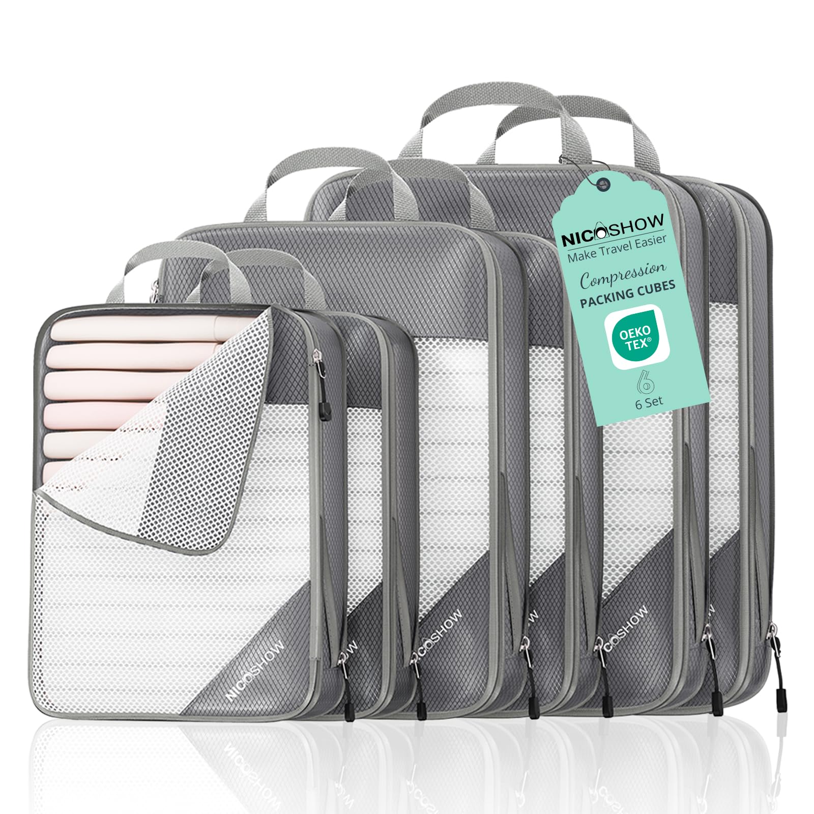 NICOSHOW 6 Set Compression Packing Cubes for Travel - Compressible, Lightweight, and Space-Saving Packing Cubes, Travel Essentials for Women, Grey