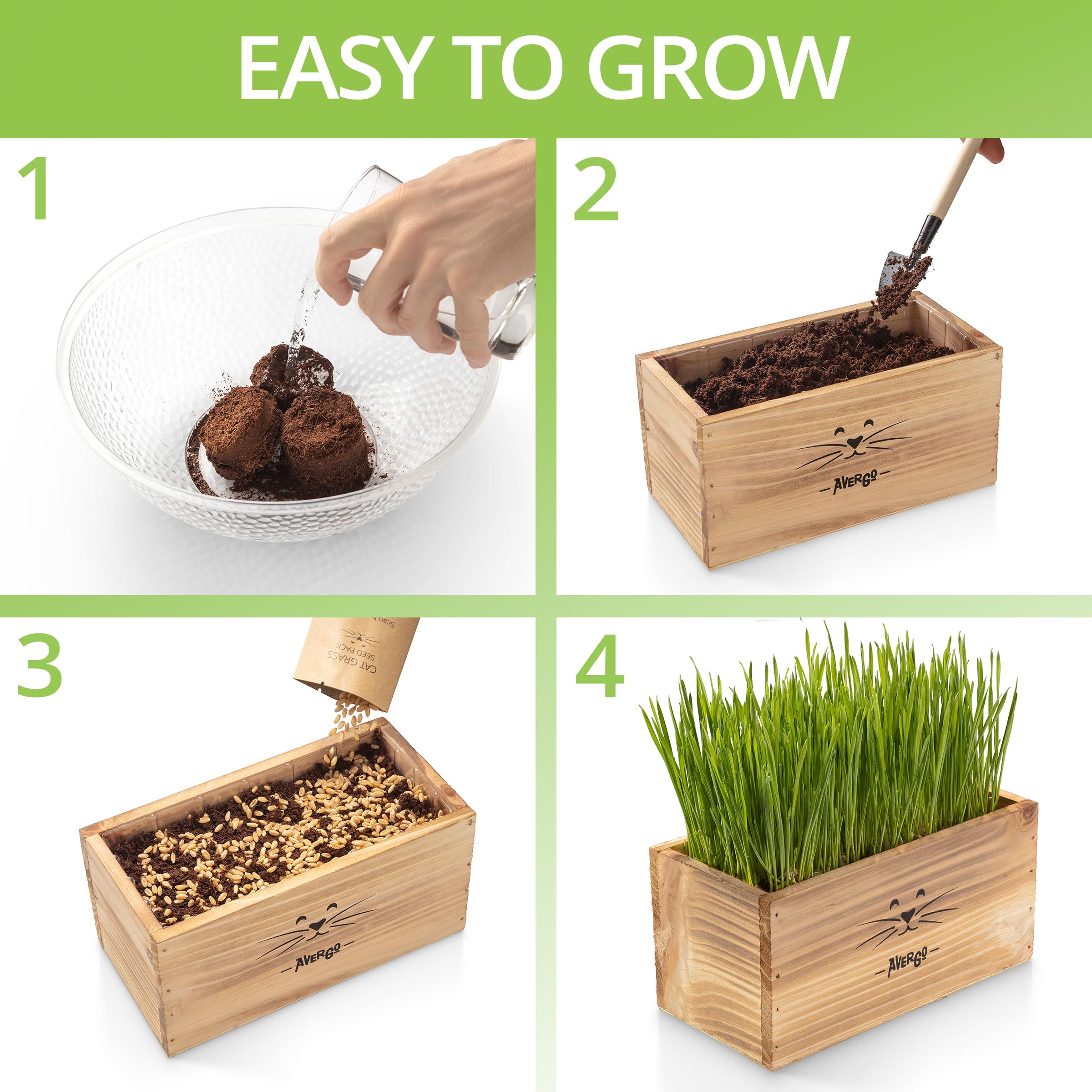 Cat Grass Kit for Indoor Cats – x4 Seed Packets | Cat Grass Seeds with Wooden Planter, Soil & Mini Gardening Tools for Nipping – Pet-Safe Wheatgrass Grass