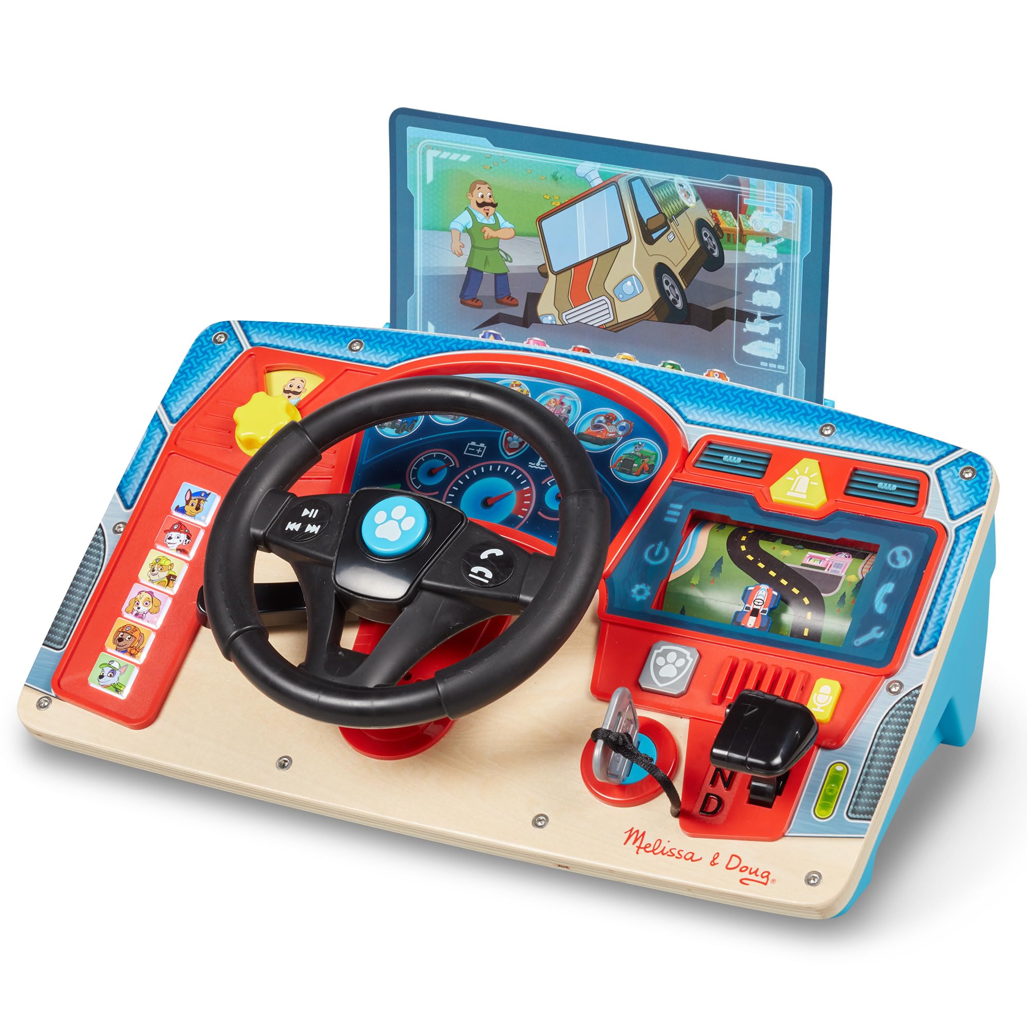 لوحة قيادة خشبية بمهمة إنقاذ من Melissa & Doug PAW Patrol - لوحة أنشطة للأطفال، ألعاب حسية للأطفال الصغار، لعبة قيادة للعب التخيلي، ألعاب Paw Patrol للأطفال من سن 3 سنوات فما فوق