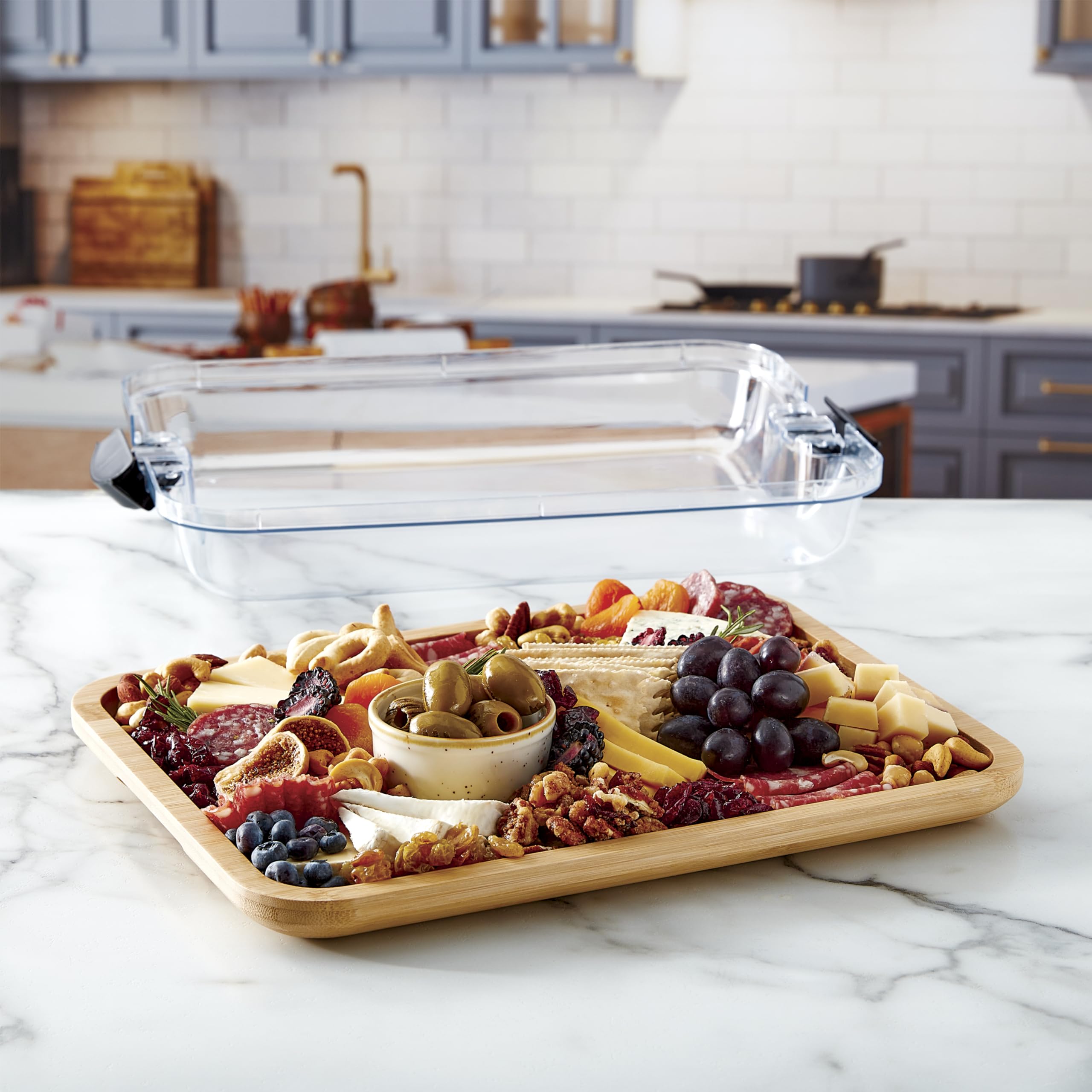 Farberware Build-A-Board Bamboo Cutting Board with Single Storage Compartment, Clear Locking Lid, Black Handles, Perfect for Charcuterie & Snacks