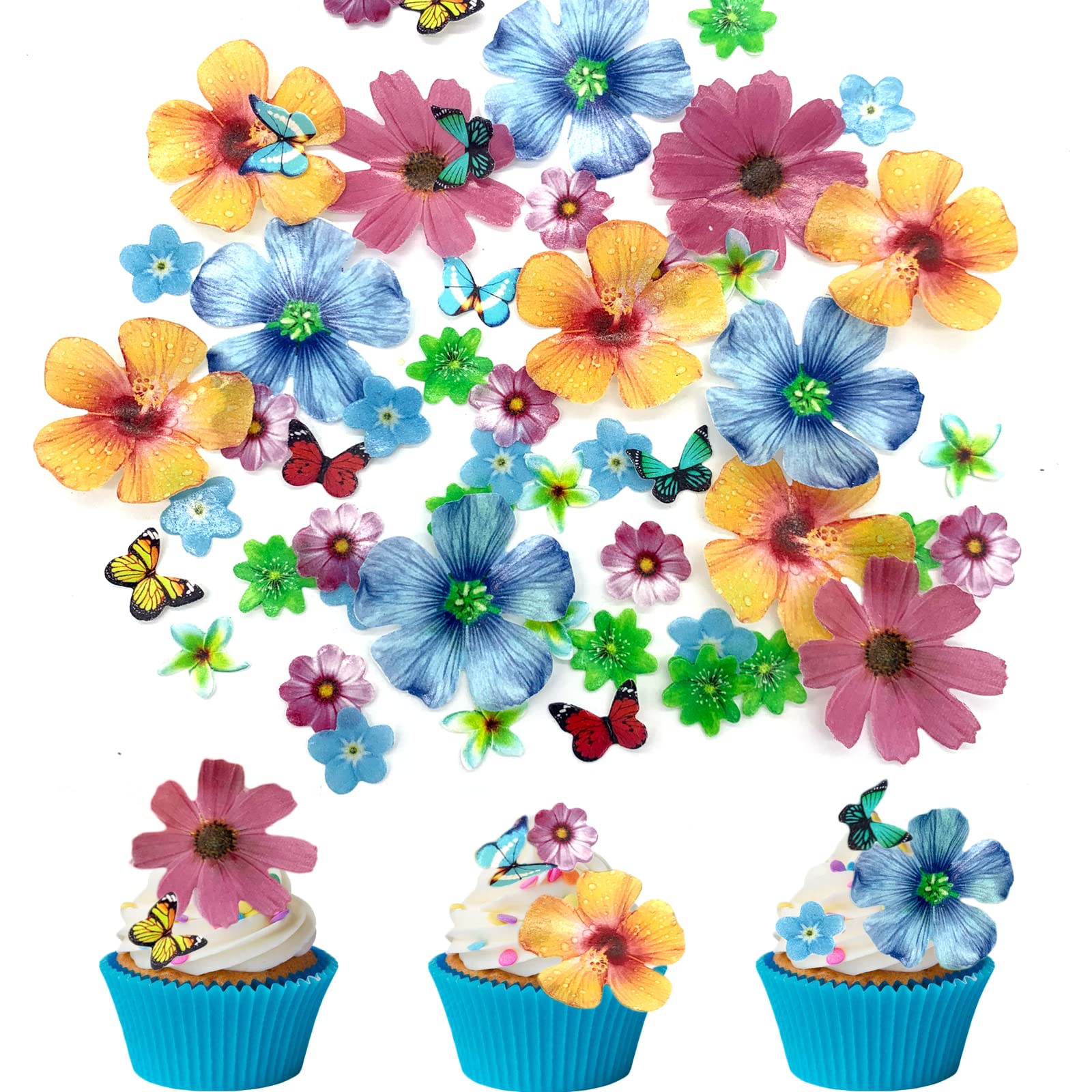 Weraru 58Pcs Edible Butterfly and Flowers Cake Topper Cupcake Toppers Wedding Themed Party Birthday Cake Decoration Mixed Size & Colour