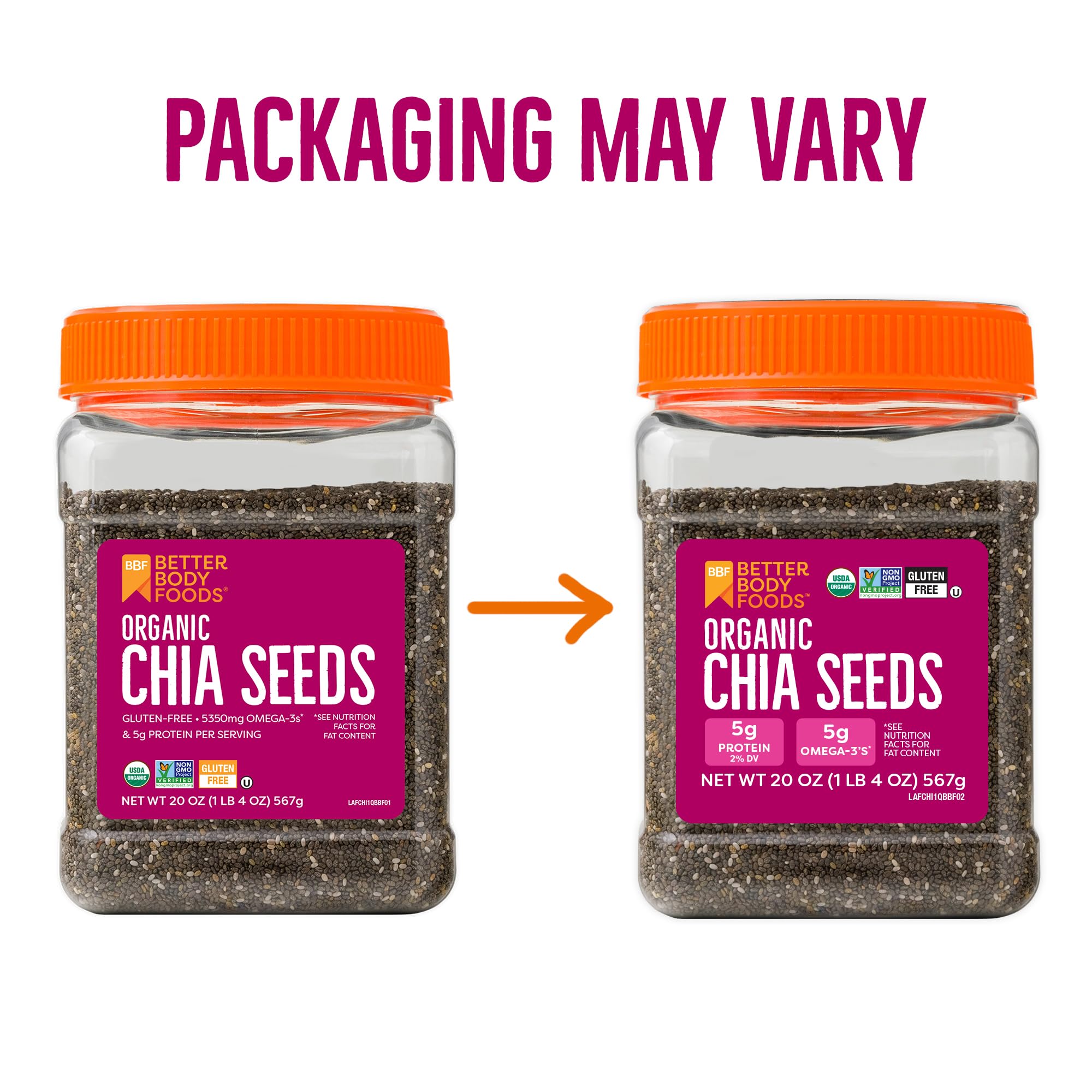 BetterBody Foods Organic Chia Seeds with Omega-3, Non-GMO, Gluten Free, Keto Diet Friendly, Vegan, Good Source of Fiber, Add to Smoothies, 1.25lb