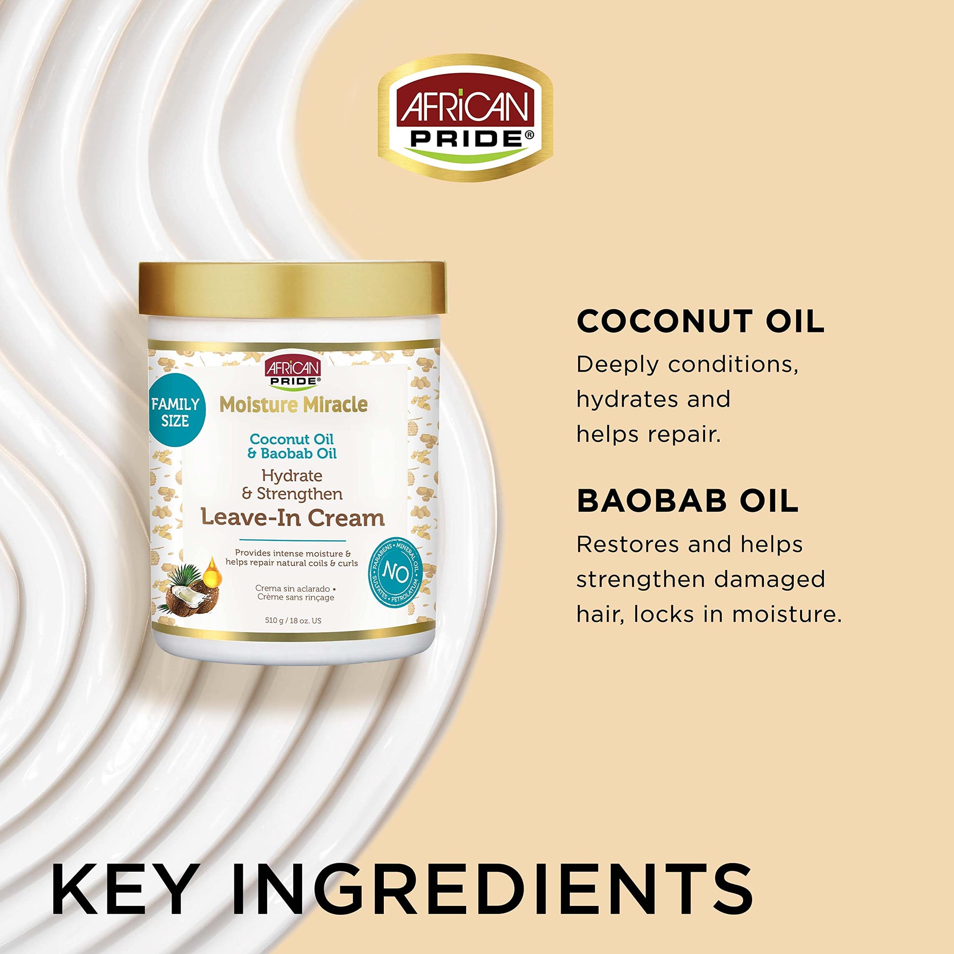 African Pride Moisture Miracle Coconut Oil & Baobab Oil Leave-In Hair Cream - Provides Intense Moisture & Helps Repair Natural Coils & Curls, Hydrates & Strengthens, 18 oz
