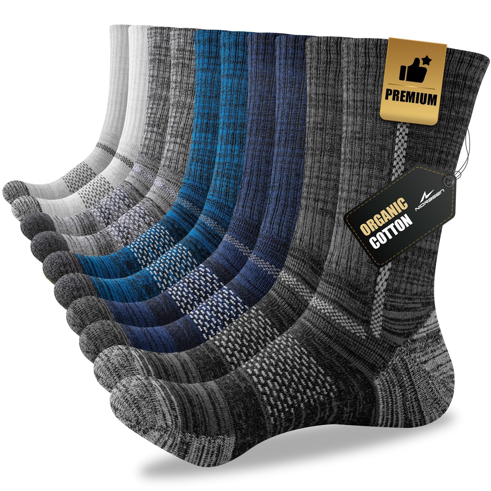 Niorasen Men's Cotton Crew Work Socks, 5 Pairs Cushioned Boot Socks, Moisture Wicking Athletic Socks for Hiking Sports Running 10-13 (Multicolor)