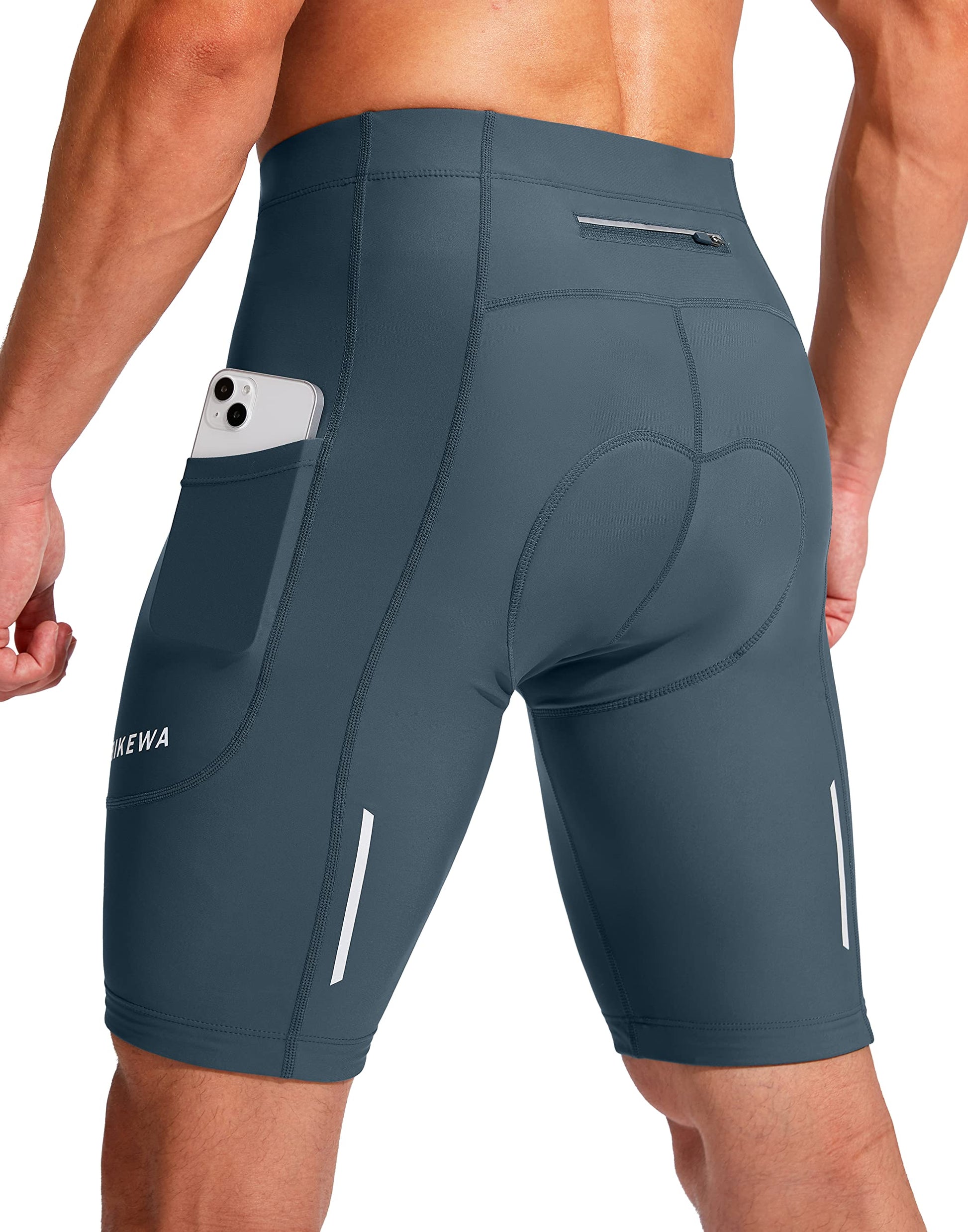 Men's Bike Shorts 3D Padded Cycling Road Biking Underwear Mountain Riding Biker Bicycle UPF 50+ Cycle Shorts Zipper Pockets(Blue Grey,L)