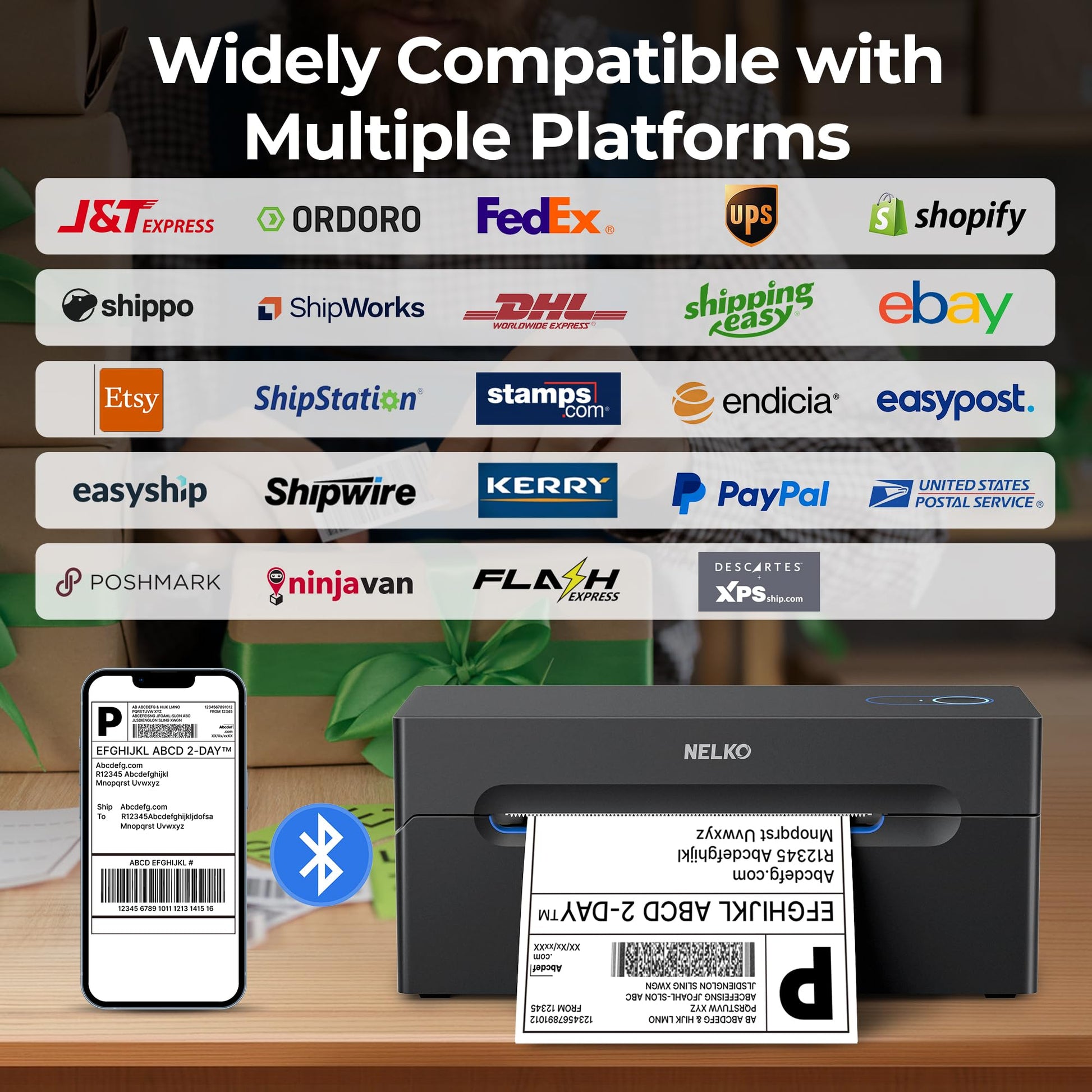 Nelko Bluetooth Thermal Shipping Label Printer, Wireless 4x6 Shipping Label Printer for Shipping Packages, Support Android, iPhone and Windows, Widely Used for Amazon, Ebay, Shopify, Etsy, USPS