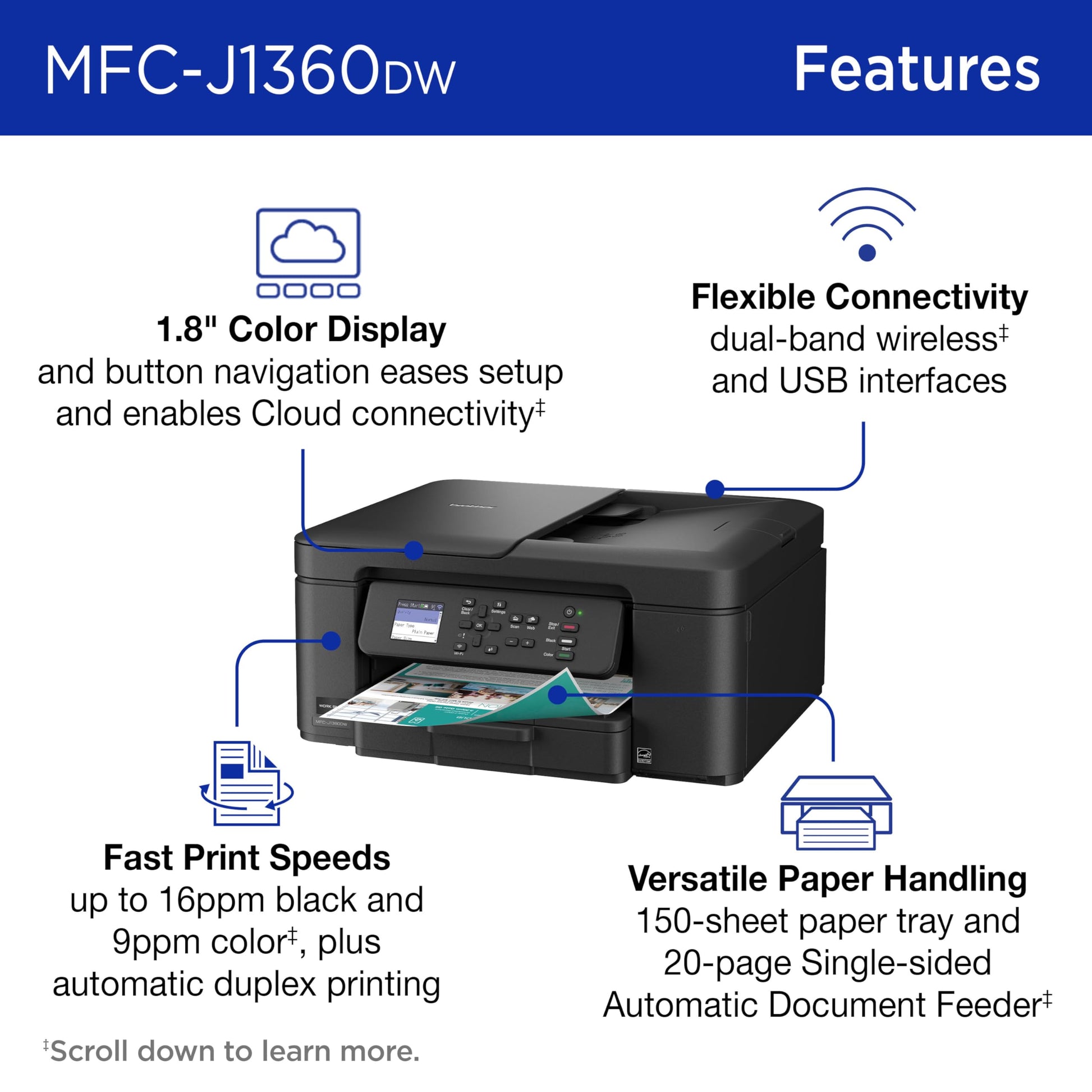 Brother Work Smart 1360 Wireless Color Inkjet All-in-One Printer with Automatic Duplex Printing and 1.8” Color Display | Includes Refresh Subscription Trial(1) (MFC-J1360DW) (Uses LC501 Series Inks)