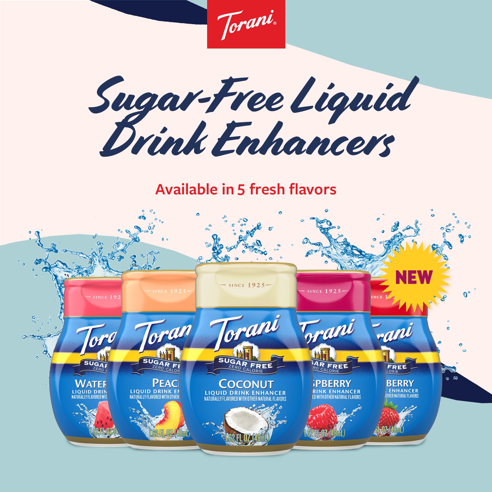 Torani Sugar Free Liquid Drink Enhancer, Water Flavoring Variety 5-Pack, Watermelon, Peach, Raspberry, Strawberry, and Coconut, 1.62 Oz Ea