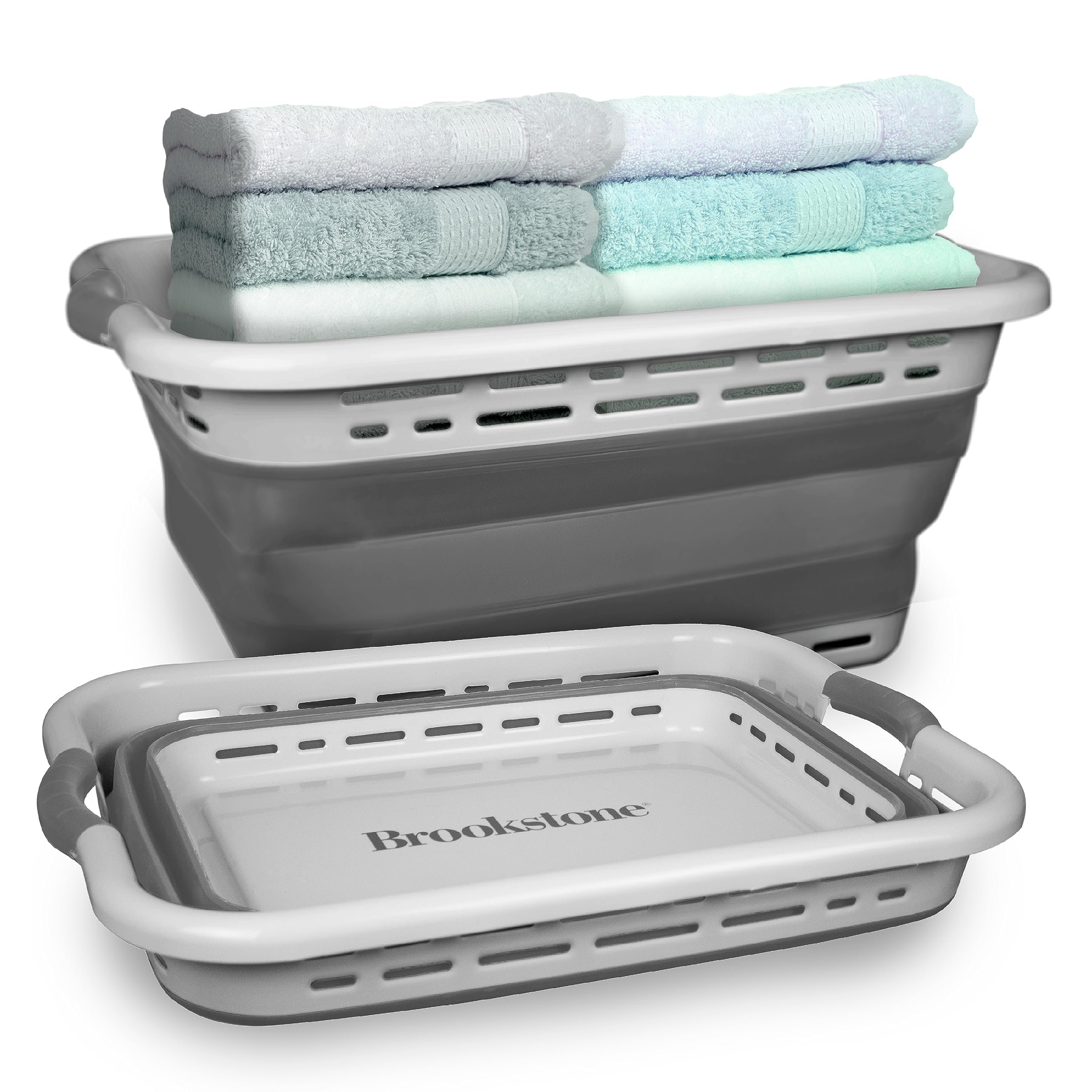 BROOKSTONE، قطعة واحدة، 11 غالون - [أكبر سلة لدينا على الإطلاق] سلة غسيل قابلة للطي مقاس 24 بوصة، مقابض مريحة مانعة للانزلاق، تصميم بسيط موفر للمساحة، سلة غسيل محمولة منبثقة، [خالية من مادة BPA]