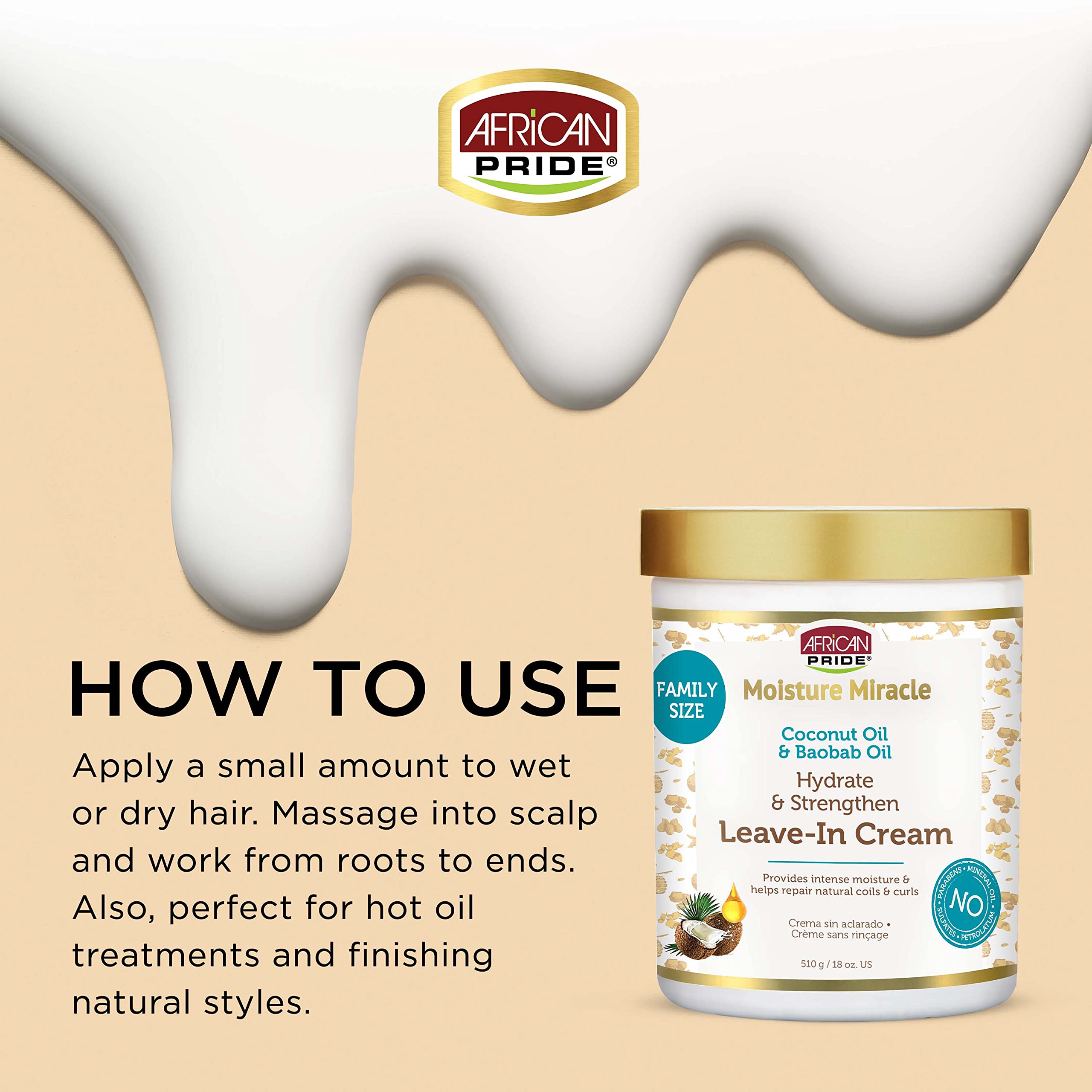 African Pride Moisture Miracle Coconut Oil & Baobab Oil Leave-In Hair Cream - Provides Intense Moisture & Helps Repair Natural Coils & Curls, Hydrates & Strengthens, 18 oz