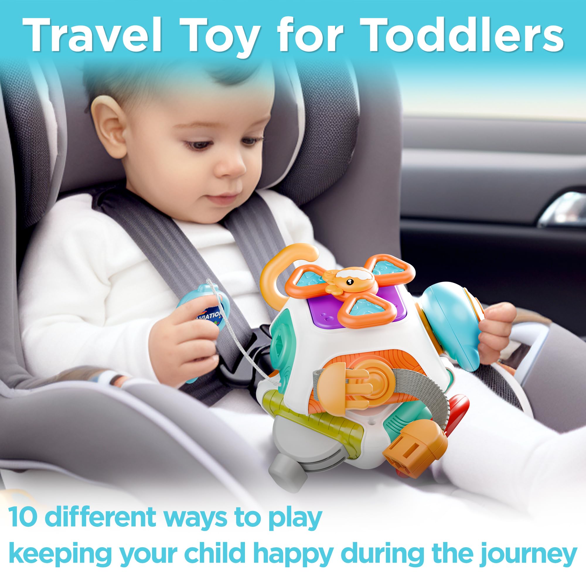 iPlay, iLearn 10 in 1 Baby Busy Board Cube, Montessori Sensory Toy Toddler 1-3, Infant Carseat Plane Travel, Kid Education Learning Activity, Birthday Gift 6 9 10 12 18 Month 1 2 Year Old Boy Girl