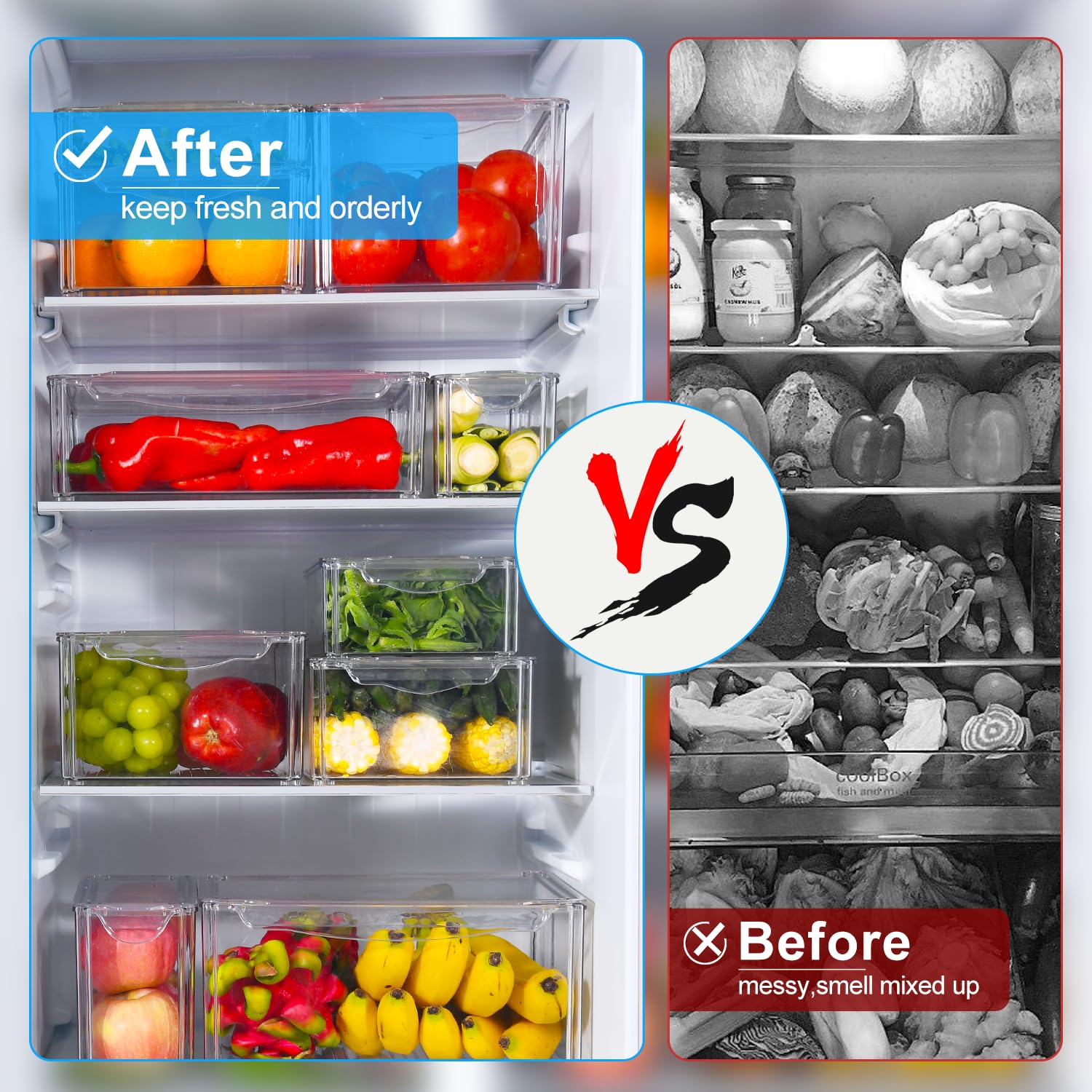 KUMD 10 Pack Fridge Organizer, Stackable Refrigerator Organizer Bins with Lids, BPA-Free Produce Fruit Storage Containers for Storage Clear for Kitchen, Food, Drinks, Vegetable Storage