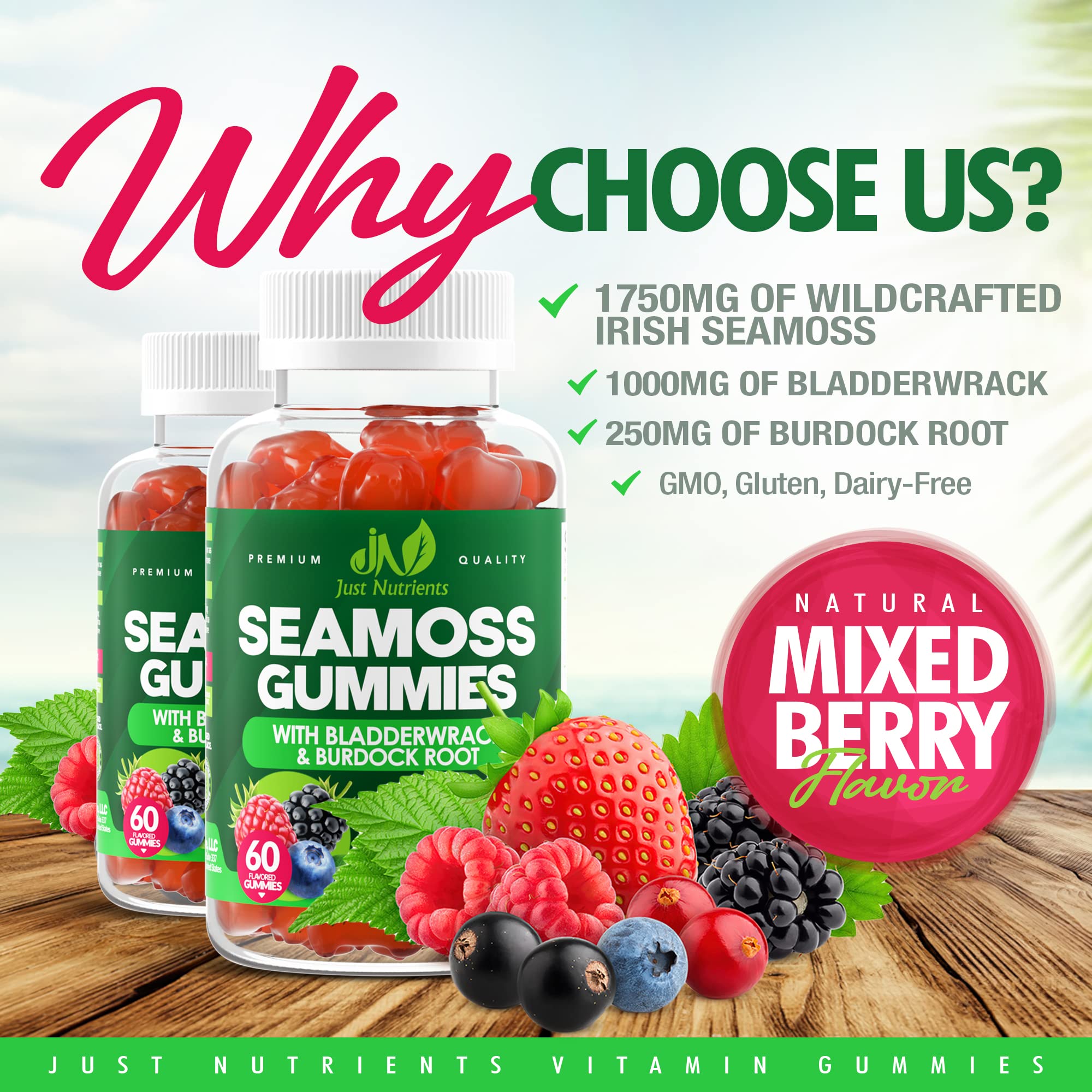 Sea Moss 3000mg Gummies with Bladderwrack and Burdock Root - Natural Irish Sea Moss for Immune, Thyroid and Detox Support - Extra Strength, Great Tasting - Gluten-Free, Vegan - 60 Gummies