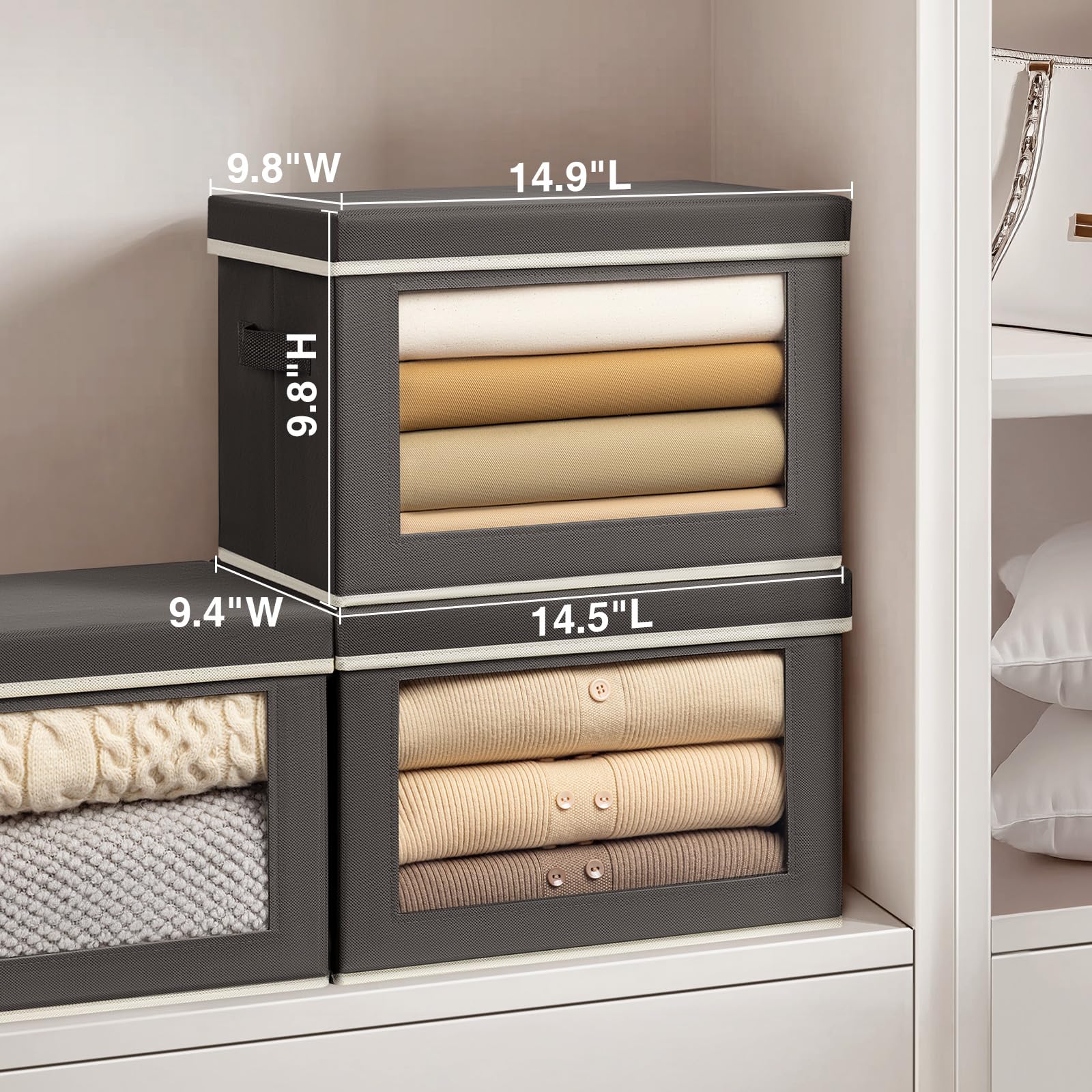 Homsorout Storage Bins with Lids - Fabric Storage Boxes with Lids, Collapsible Storage Bins with Window, Decorative Closet Organizers and Storage for Clothes, Towels, Books, 3 Packs, Grey