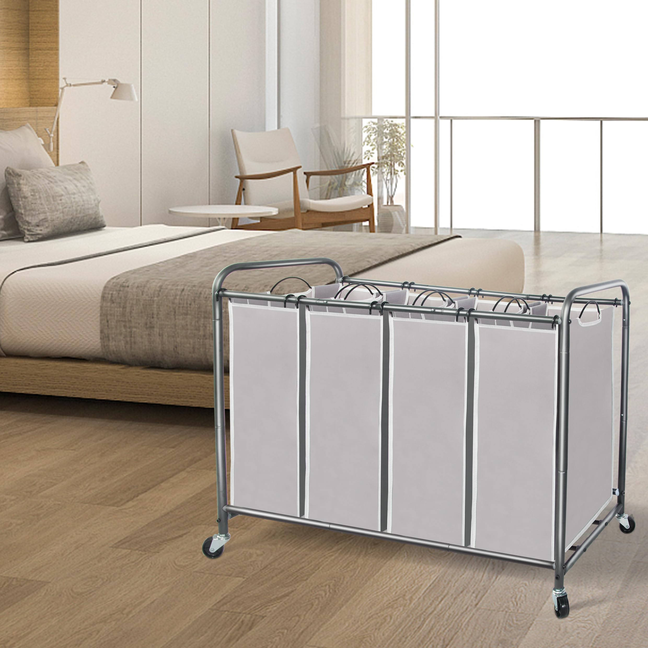 STORAGE MANIAC Laundry Sorter 4 Section, 47.8 Gal (181 L) Laundry Hamper with Wheels, Clothes Divider Basket Sorter, Clothes Separator Hamper Cart with Wheels and Removable Bags, Gray
