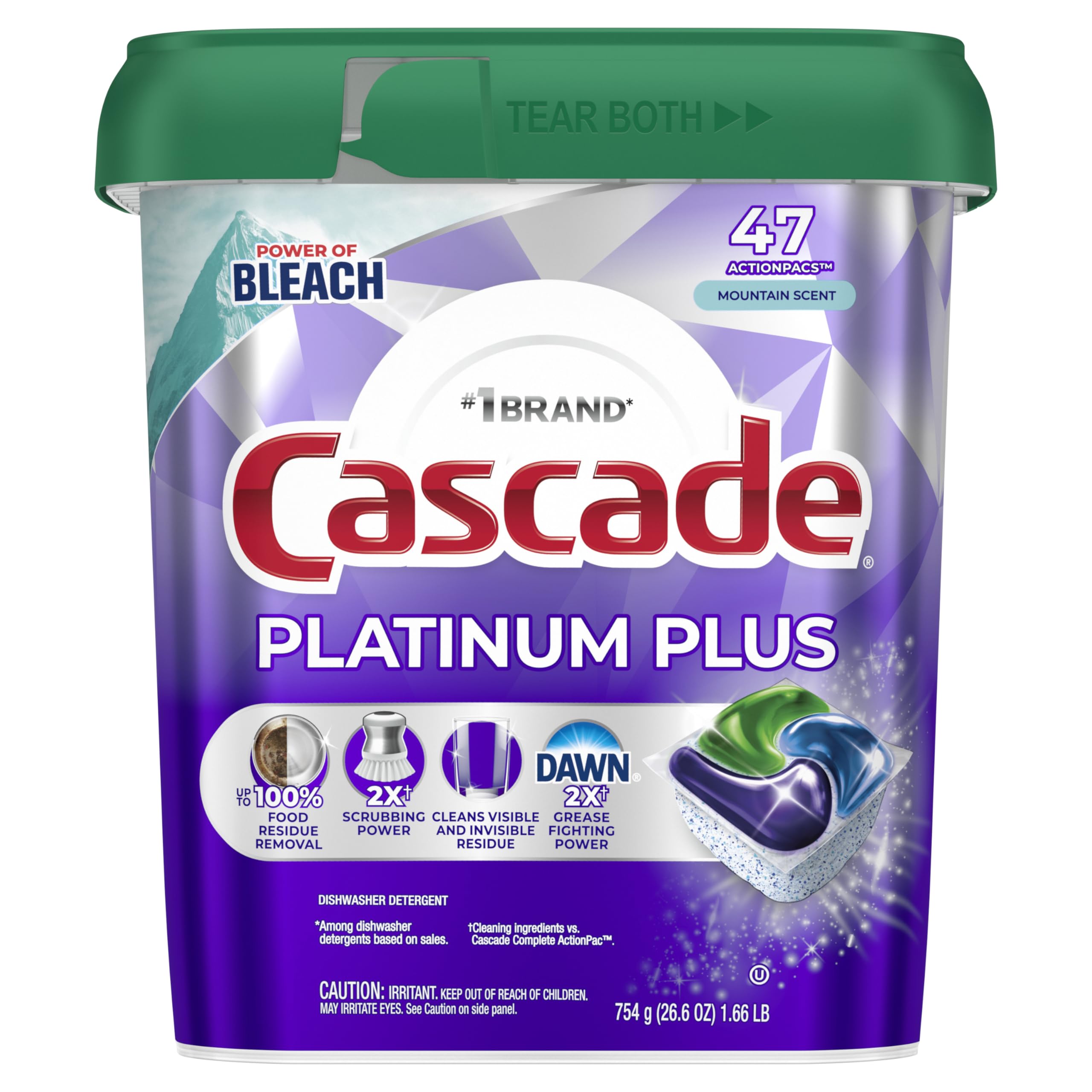 Cascade Platinum Plus Dishwasher Pods, Dishwasher Detergent, Dish Detergent Soap, Mountain, 47 Count