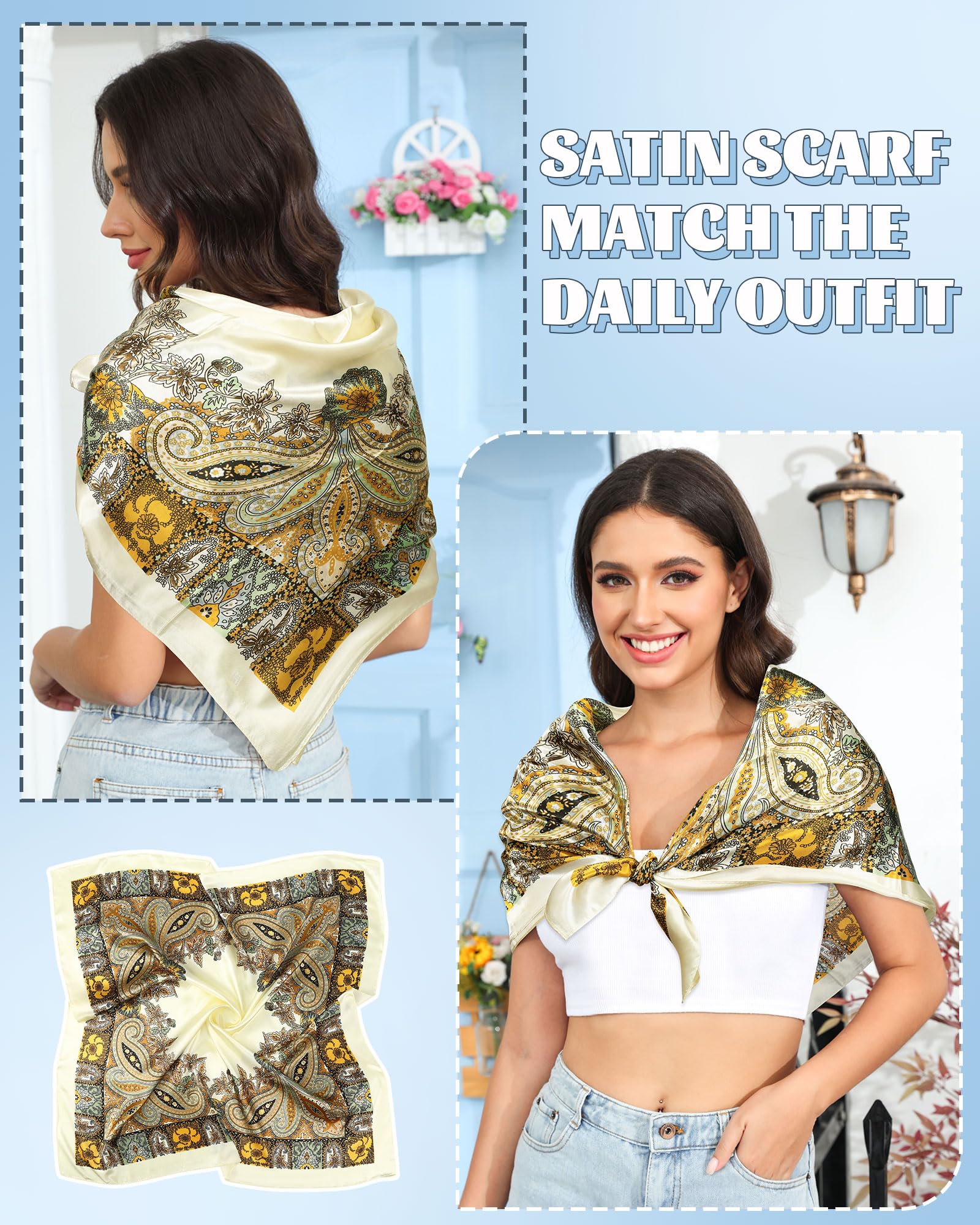 AWAYTR 35” Large Square Satin Head Scarf - 3Pcs Hair Scarves Bandana Beach Silk Feeling Headscarf for Women Hair