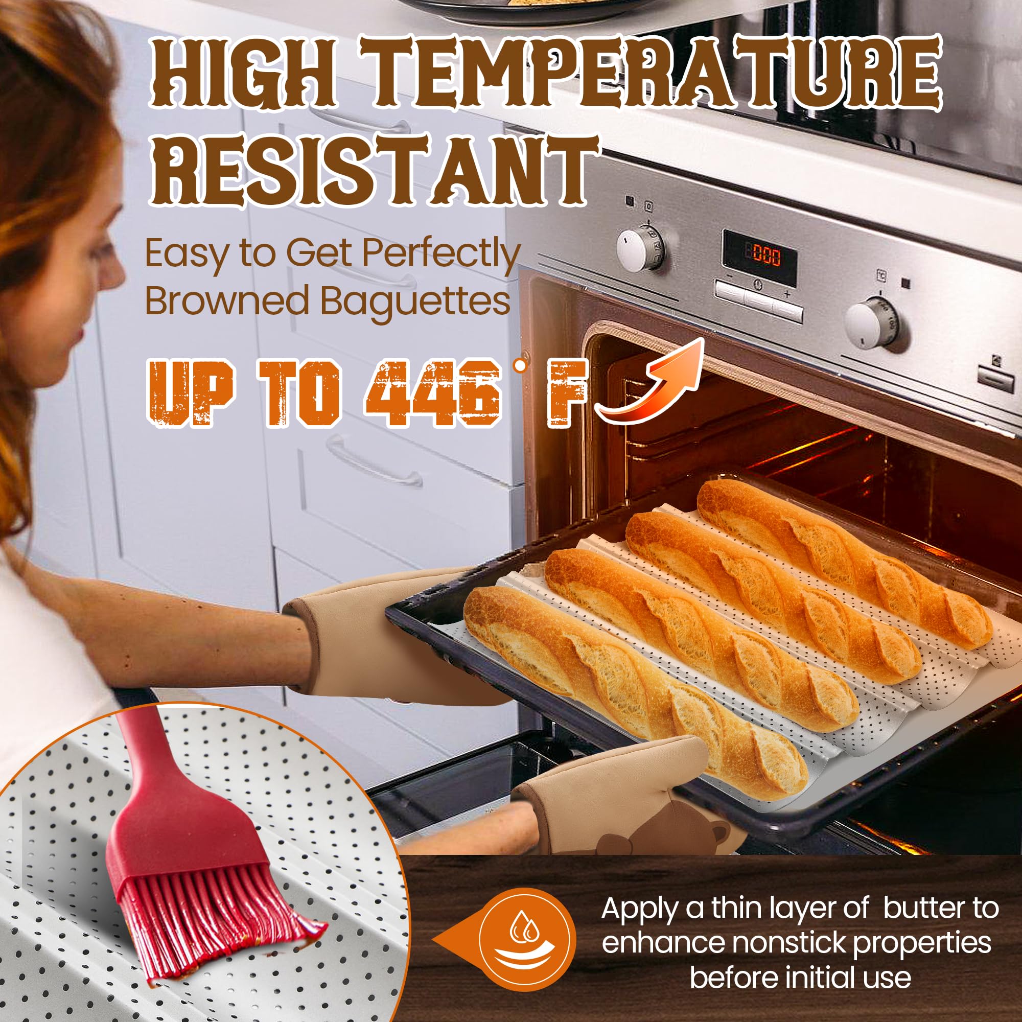 Pavsrmy Baguette Bread Pan, Premium Nonstick Perforated Baguette Pan for French Bread Baking, 4 Loaves Baguette Baking Tray for Sourdough, Italian Bread, Perfect for Creating Crisp Golden-Brown Crust