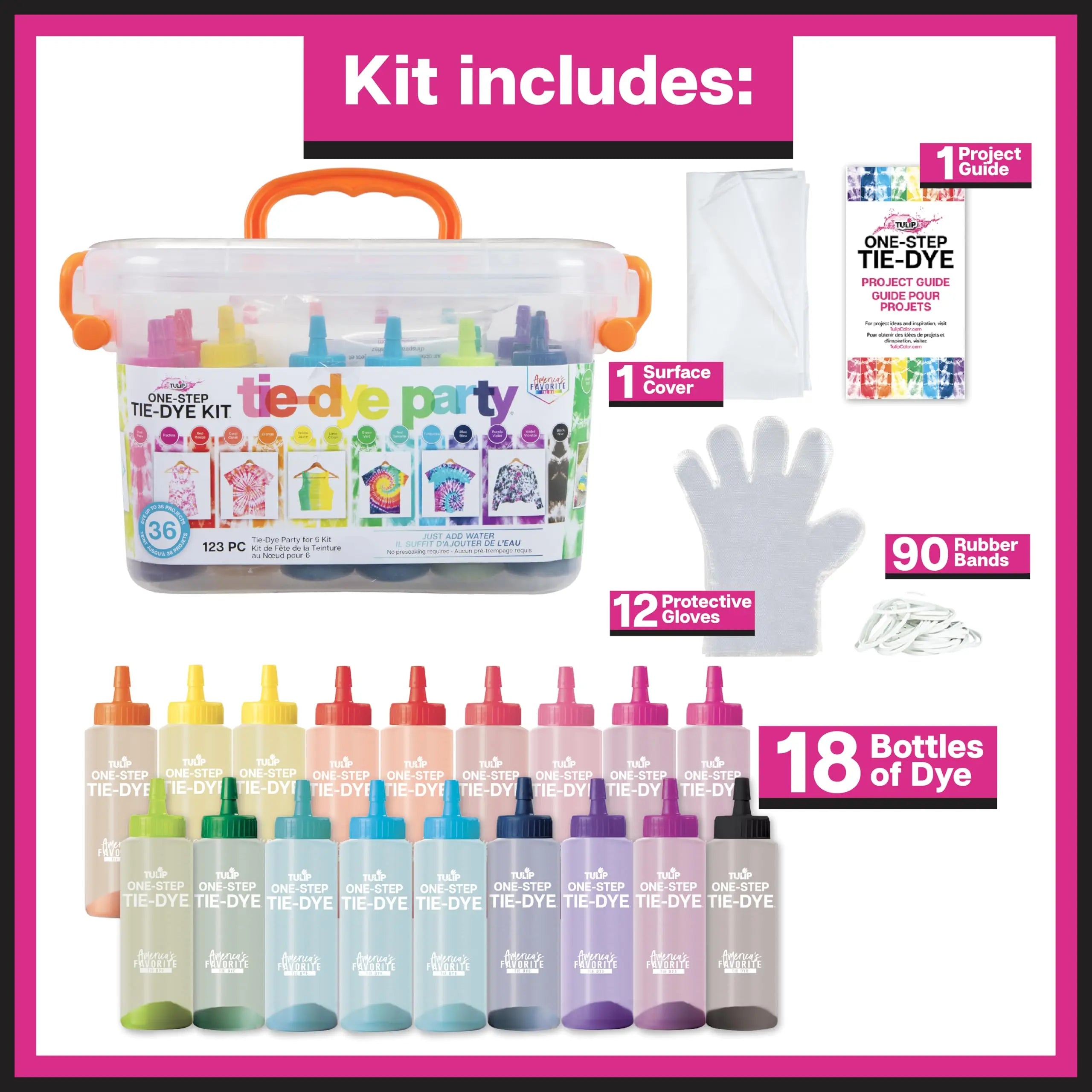 Tulip One-Step Tie-Dye Party, 18 Pre-Filled Bottles, Creative Group Activity, All-in-1 Fashion Design Kit, 1 Pack, Rainbow