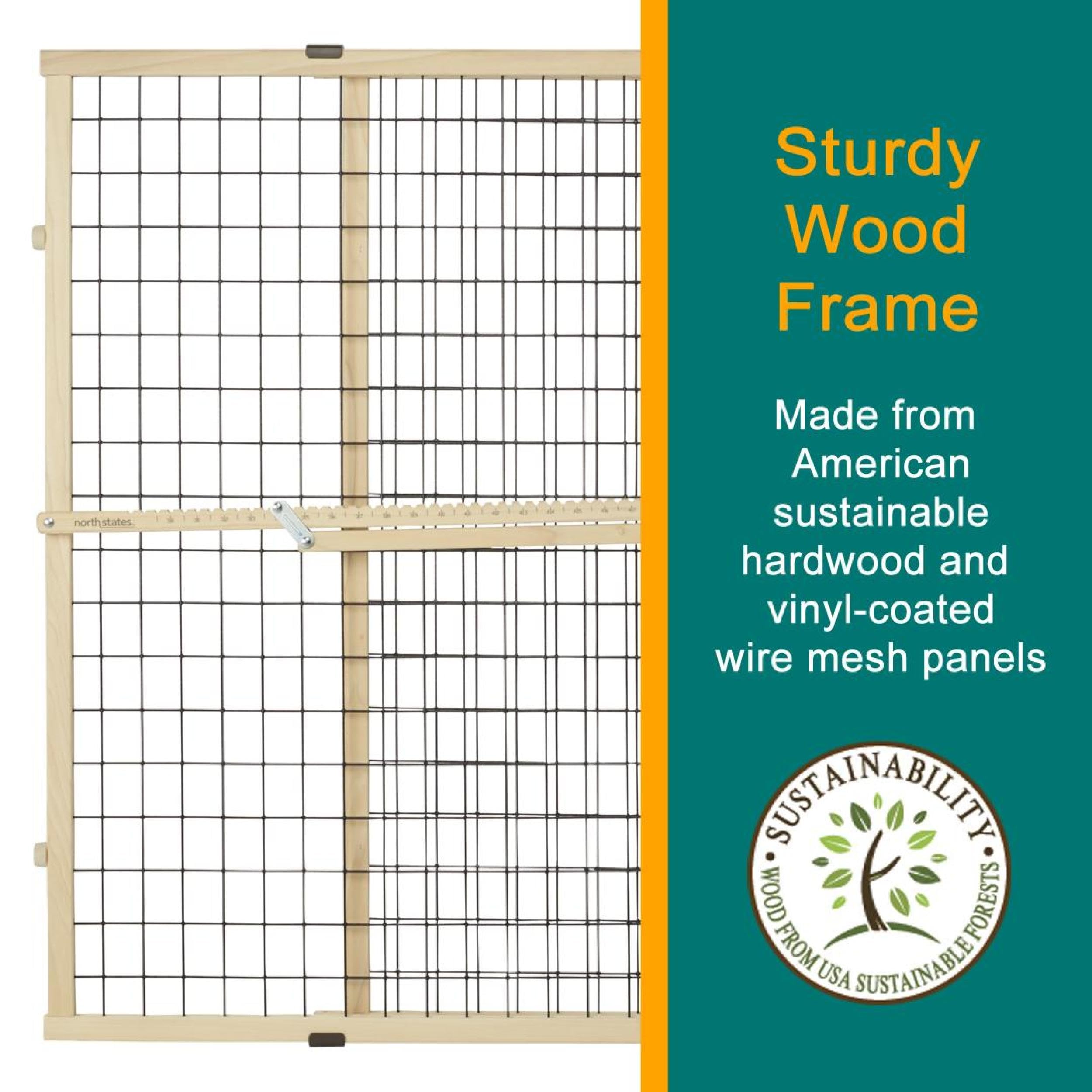MYPET North States Wire Mesh Dog Gate: 29.5-48" Wide. Pressure Mount. No Tools Needed. Made in USA. Dog Gate 37" Tall, Expandable, Durable Dog Gates for Doorways, Sustainable Hardwood, Natural Finish