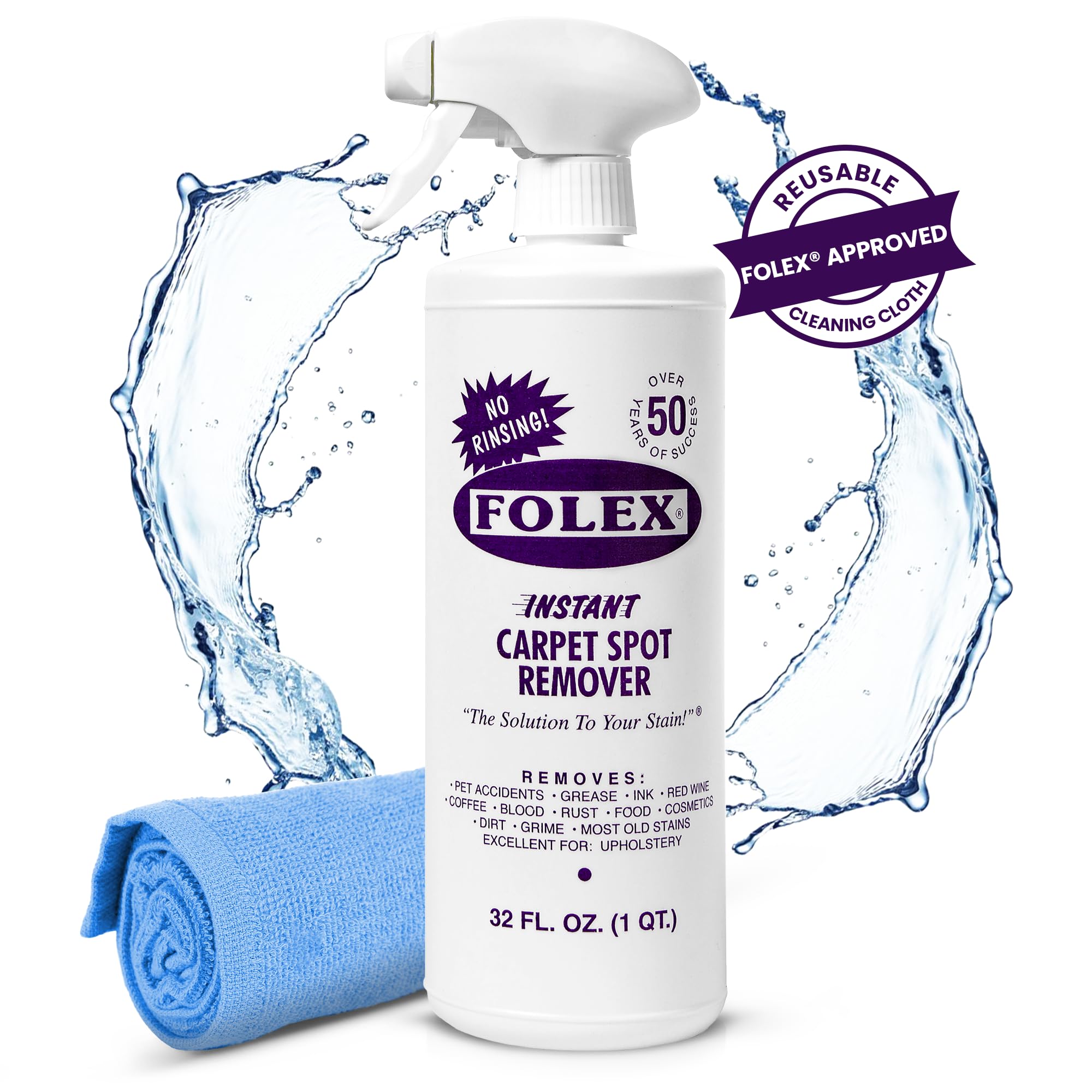 FOLEX Instant Carpet Spot Remover 32 oz – Powerful Stain Remover for Carpets, Upholstery & Rugs – Eliminates Pet Stains, Grease, Red Wine, Food, Makeup & More – With Reusable Cleaning Cloth – 1 Pack