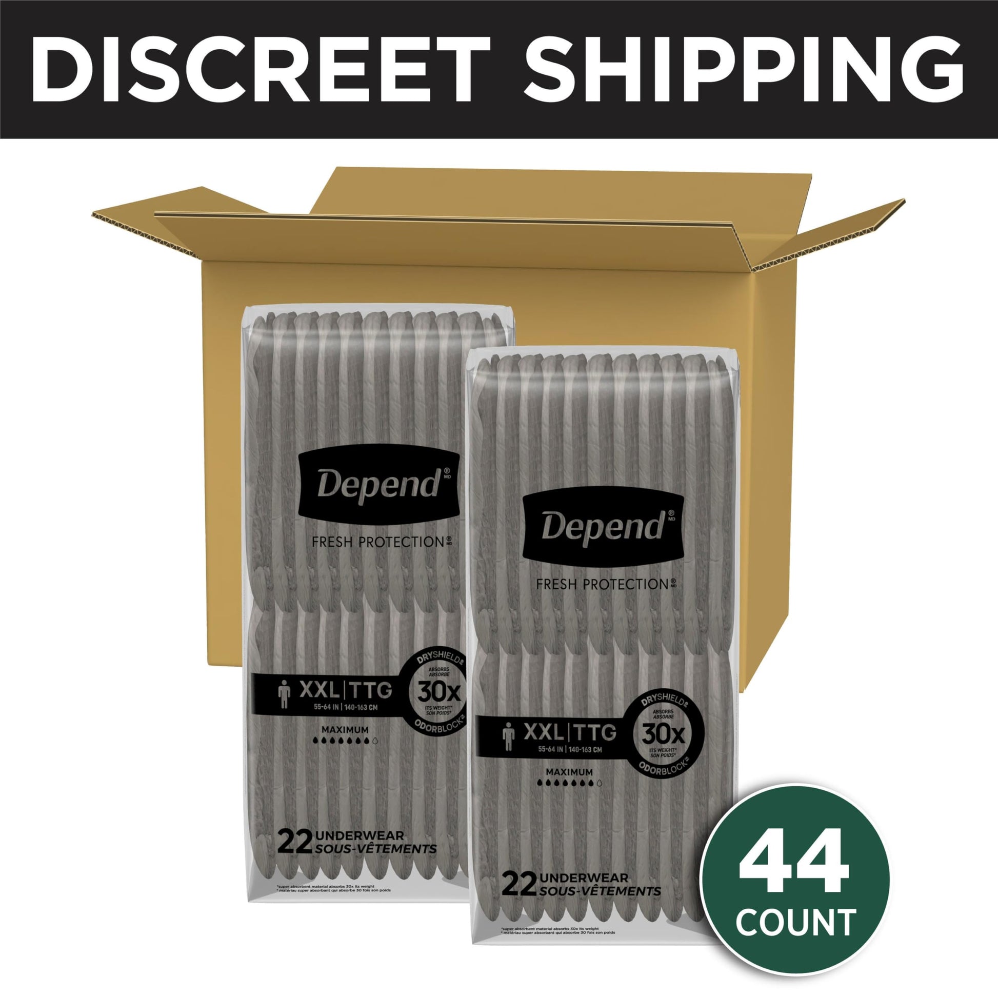 Depend Fresh Protection Adult Incontinence Underwear for Men, Disposable, Maximum, Extra-Extra-Large, Grey, 44 Count