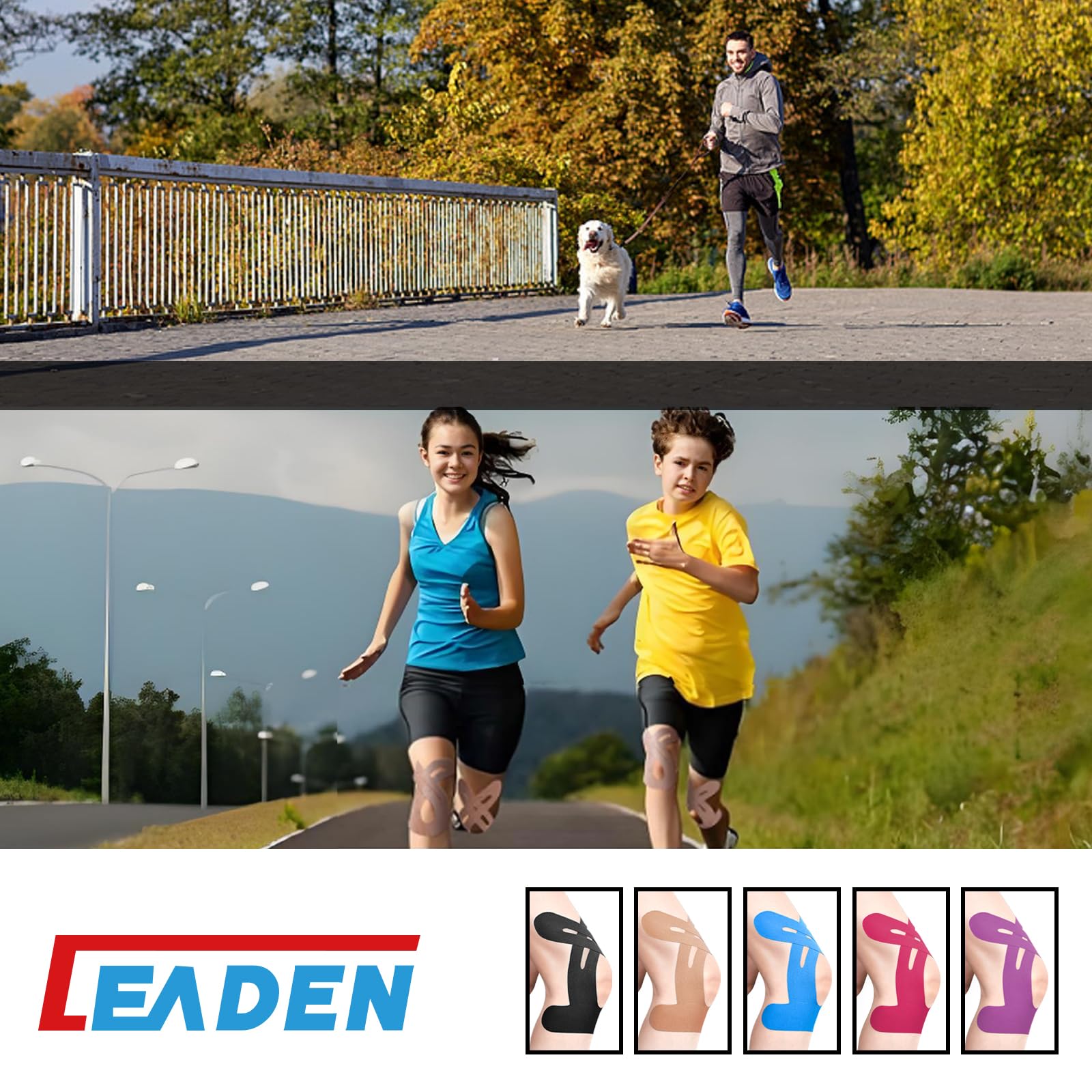 IEADEN Precut Kinesiology Tape for Knees, 10 Pcs - Knee Support & Stability, Knee Pain Relief Athletic Tape - Waterproof & Elastic, Breathable Hypoallergenic Latex-Free Tape, Black