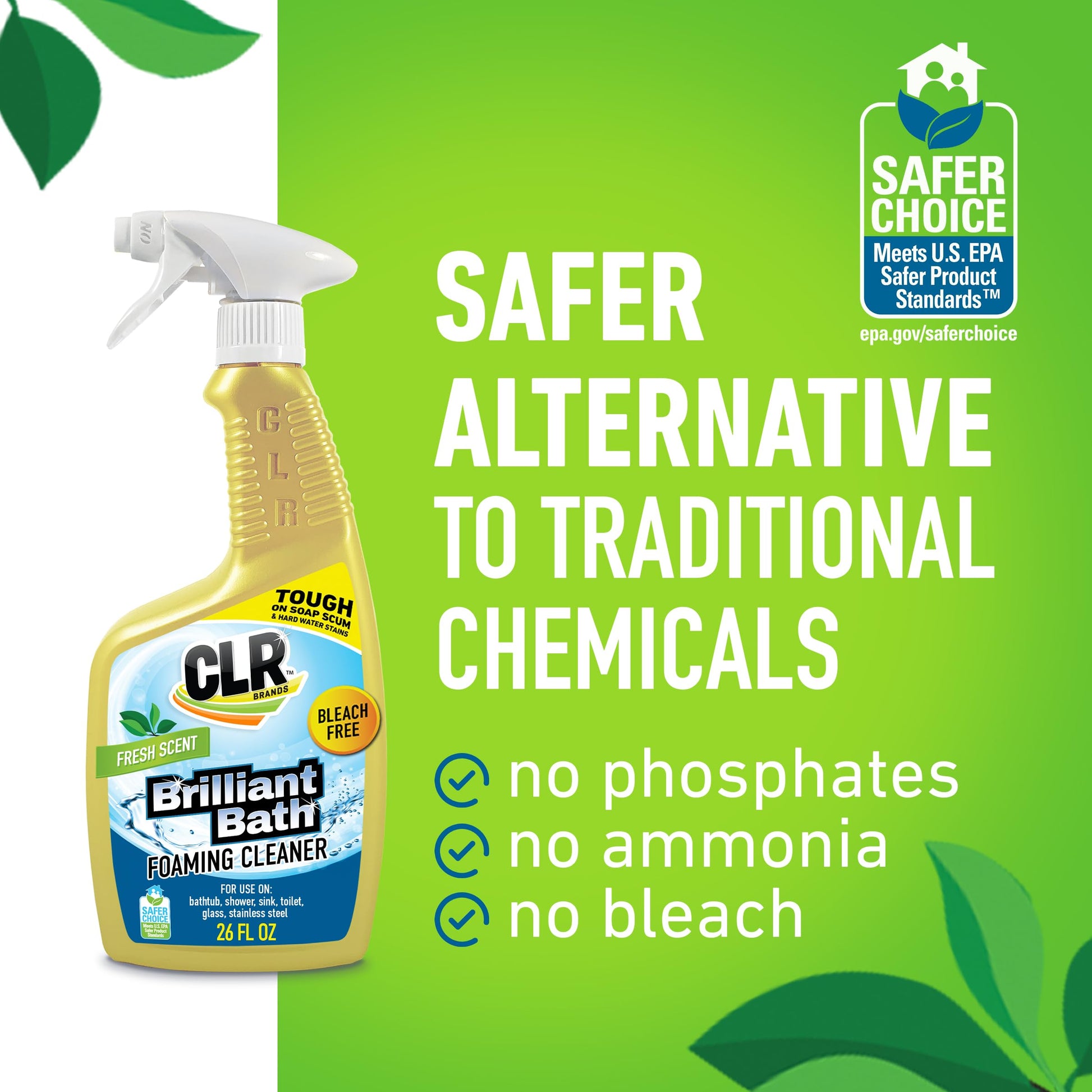 CLR Brilliant Bath Foaming Bathroom Cleaner Spray - For Use On Toilet, Bath, Shower, Sink, Glass, Stainless Steel - Fresh Scent, 26 Ounce Bottle (Pack Of 2)