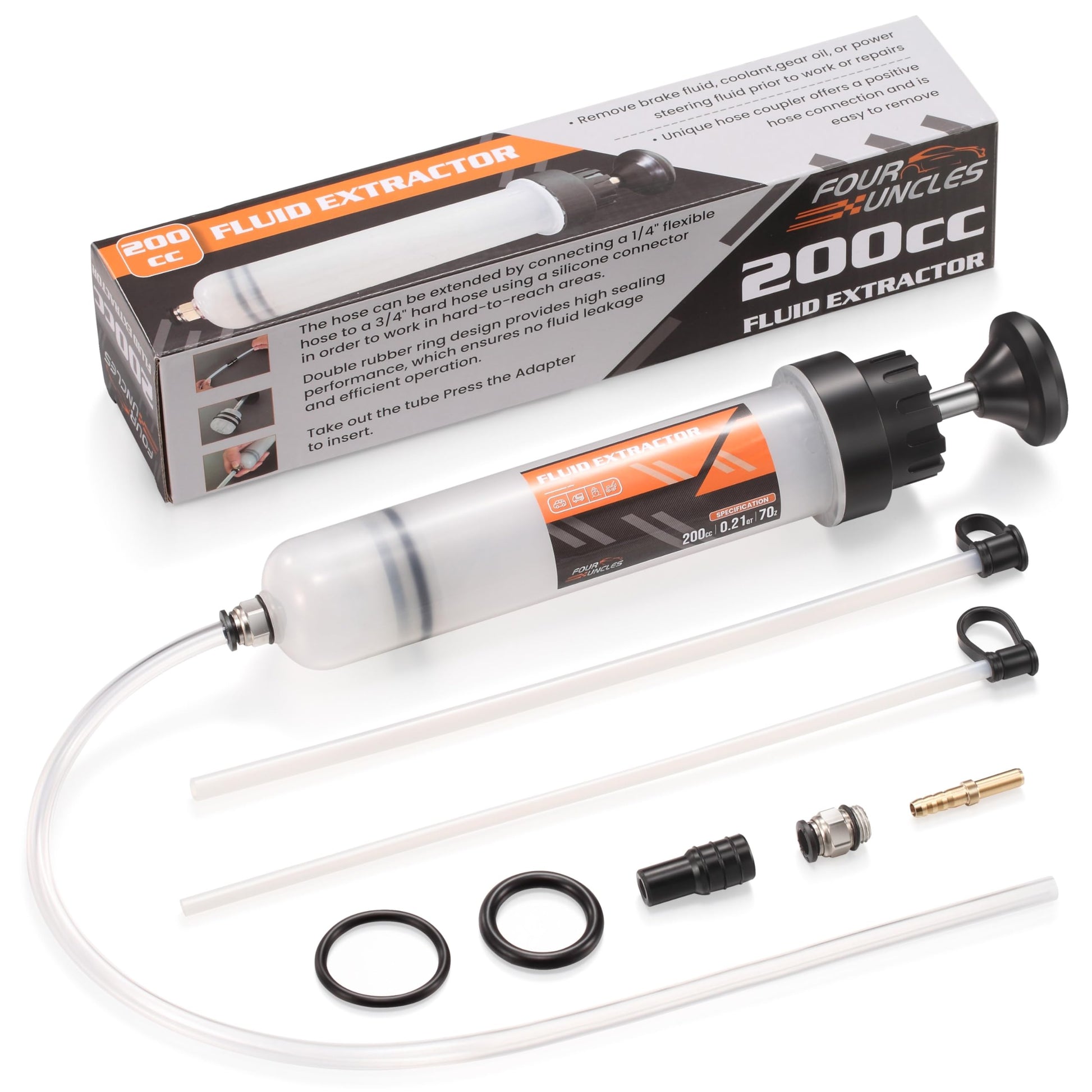 FOUR UNCLES 200cc Fluid Extractor & Fill Pump for Automotive Use - Oil Syringe with a 23" Hose & Two 12" Extension Tubes for Easy Oil Change