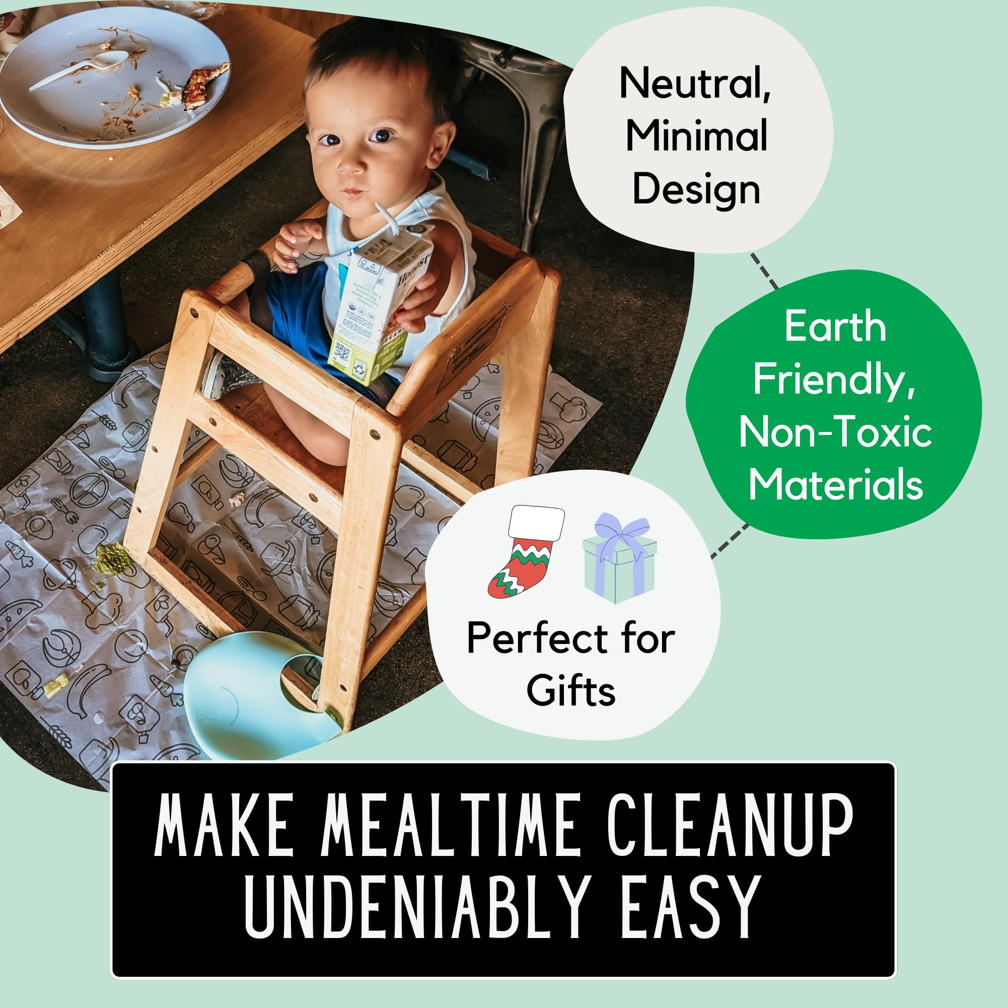 30 Pack | Disposable Splat Mats | Biodegradable + Compostable | THEO'S MATS | Under Highchair Splat Mat for Floor | Baby Led Weaning Supplies | (THEO001)