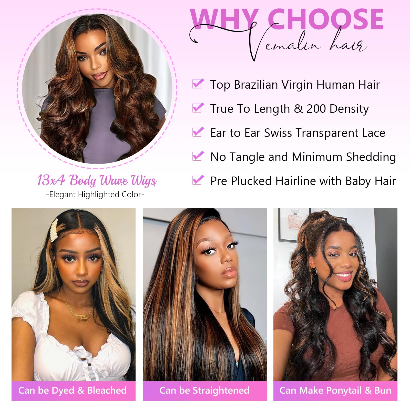 Vemalin Highlight Ombre Lace Front Wig Human Hair Body Wave Lace Front Wigs Human Hair Pre Plucked 13x4 1B/30 Brown Highlight Wig 200 Density Colored 26 Inch Balayage Glueless Wigs for Women