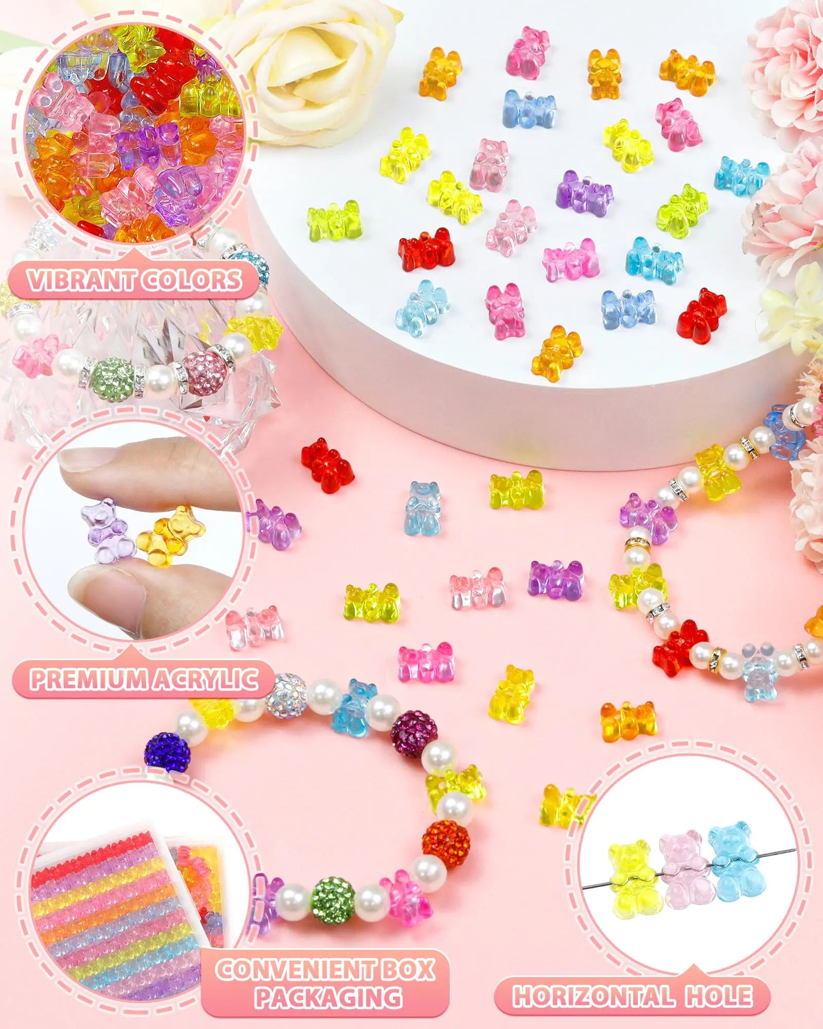 200pcs FIVEIZERO Clear Acrylic Bear Beads, Mixed Color Gummy Bear Beads for Bracelet, Necklace, and DIY Crafts, Cute Bear Charms for Jewelry Making