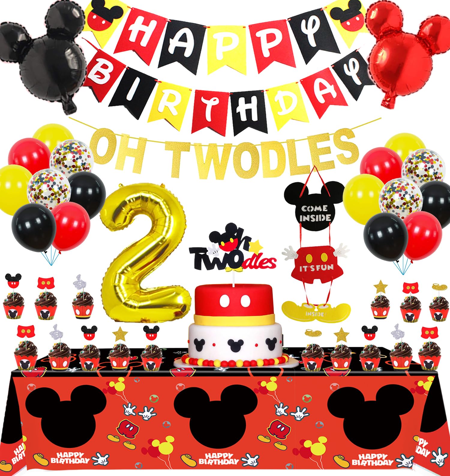 Mickey Mouse 2nd Birthday Party Supplies Oh Twodles Theme Party Decorations Includes Felt Banner,Welcome Hanger Door Sign, Tablecloth,Cake Cupcake Toppers,Mickey Head Balloons, 12 Latex Balloon,