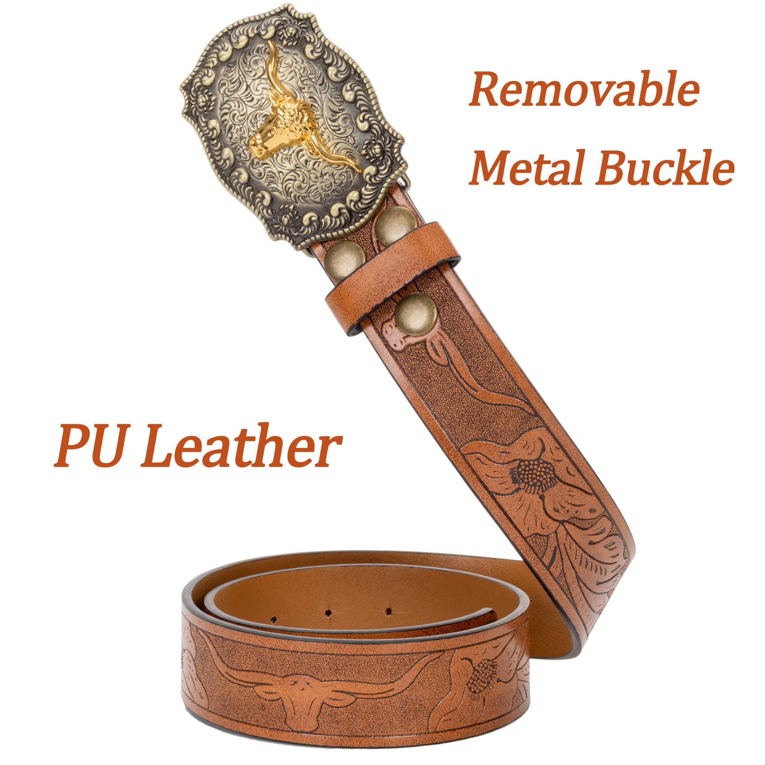 Western Cowboy PU Leather Belt - Men Waist Strap Bull Decoration Floral Engraved for Jeans 31" to 34" Waist