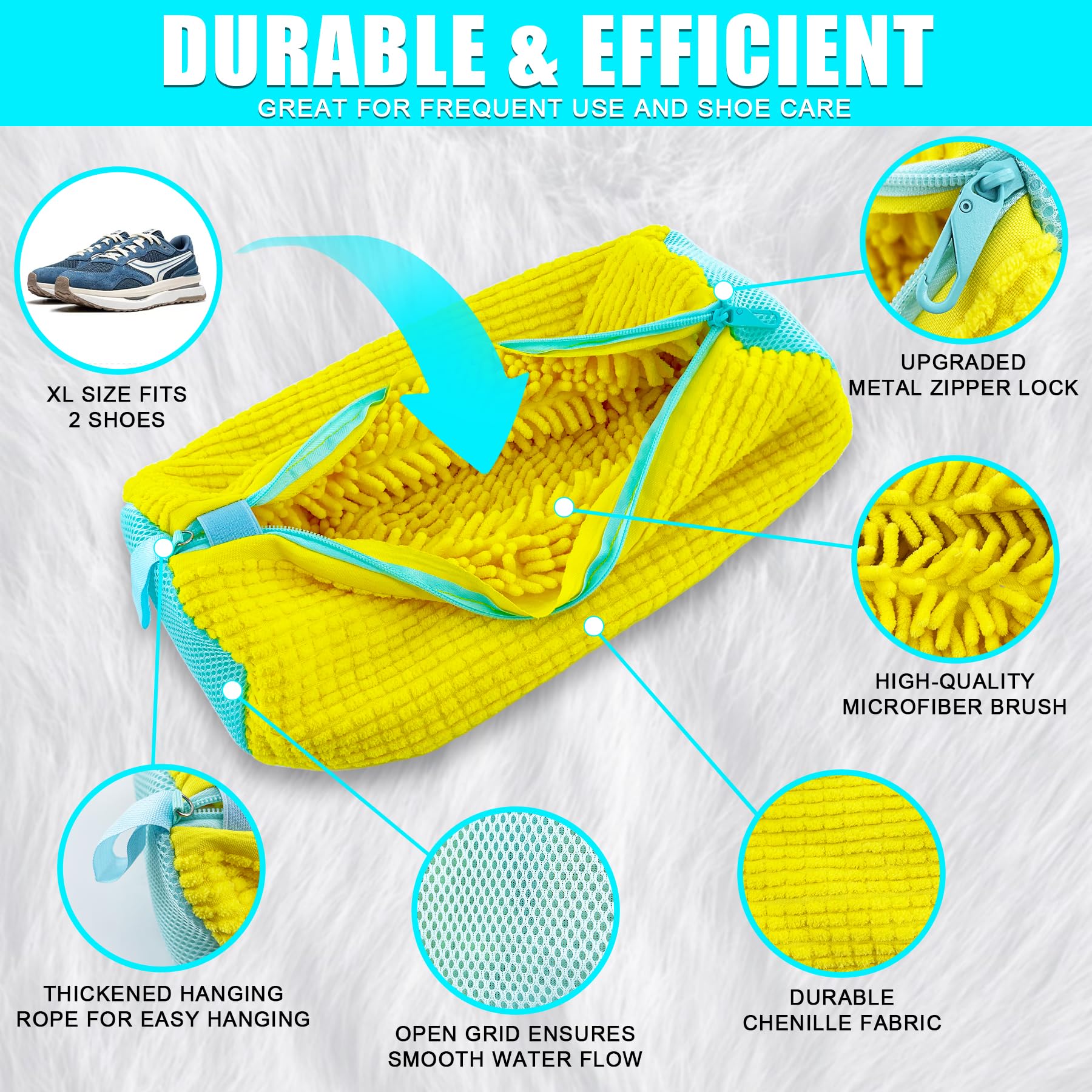 CNEYSID XXL Shoe Washing Machine Bag - 2-Pack Reusable Shoes Cleaning Bags, 360° Deep Clean for Tennis Shoes, Sneakers and Slippers, Includes 2 Shoe Storage Dust Bags (Yellow)