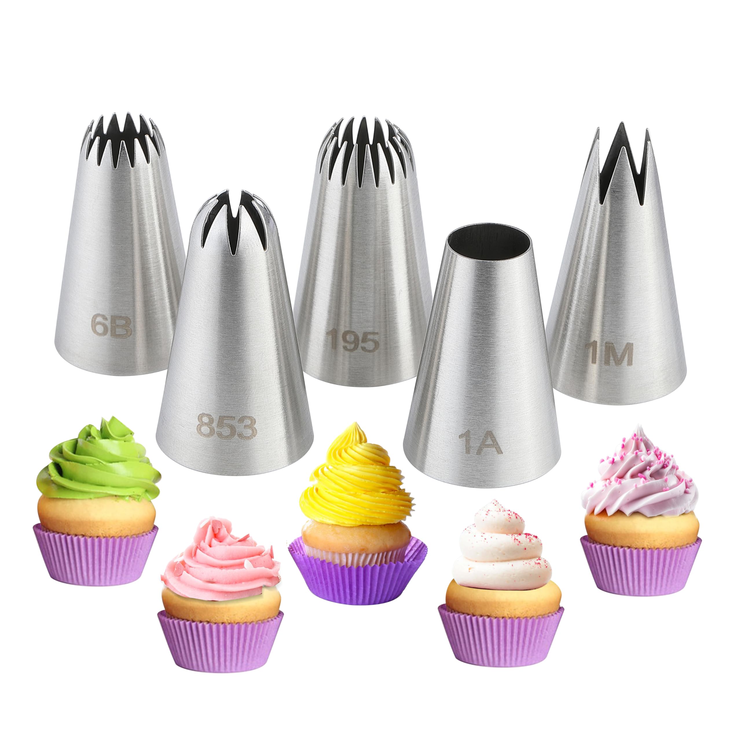 5PCS Large Piping Tips Set, COKUMA Stainless Steel Cake Decorating Tips, Frosting Icing Tips for Cupcakes, Cake, Cookie and Decorating (Dishwasher Safe)