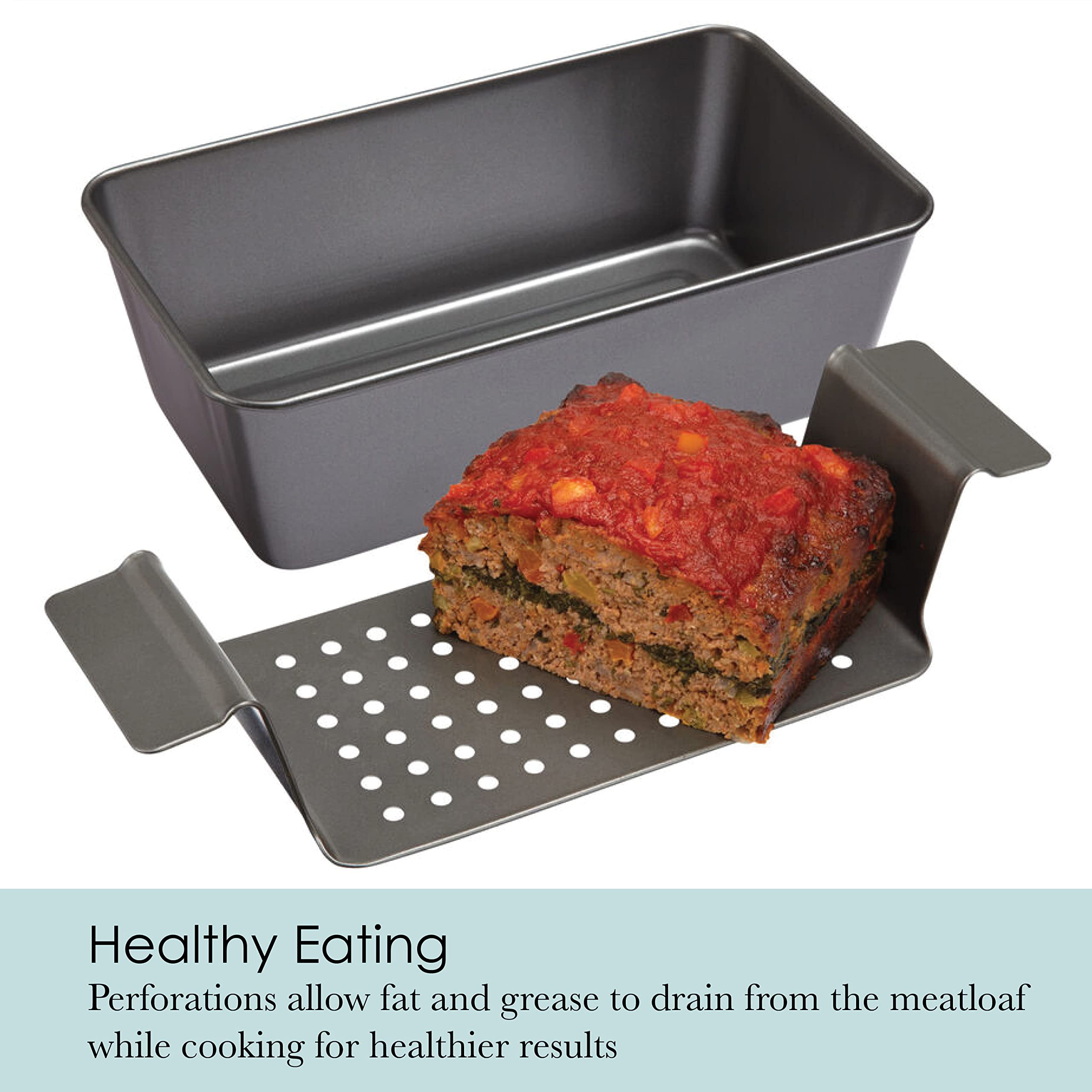Chicago Metallic 2-Piece Healthy Meatloaf Pan with Draining Insert Professional Grade Non-Stick Carbon Steel Baking Pan with Lift and Serve Feature, 12.2 inch, Grey