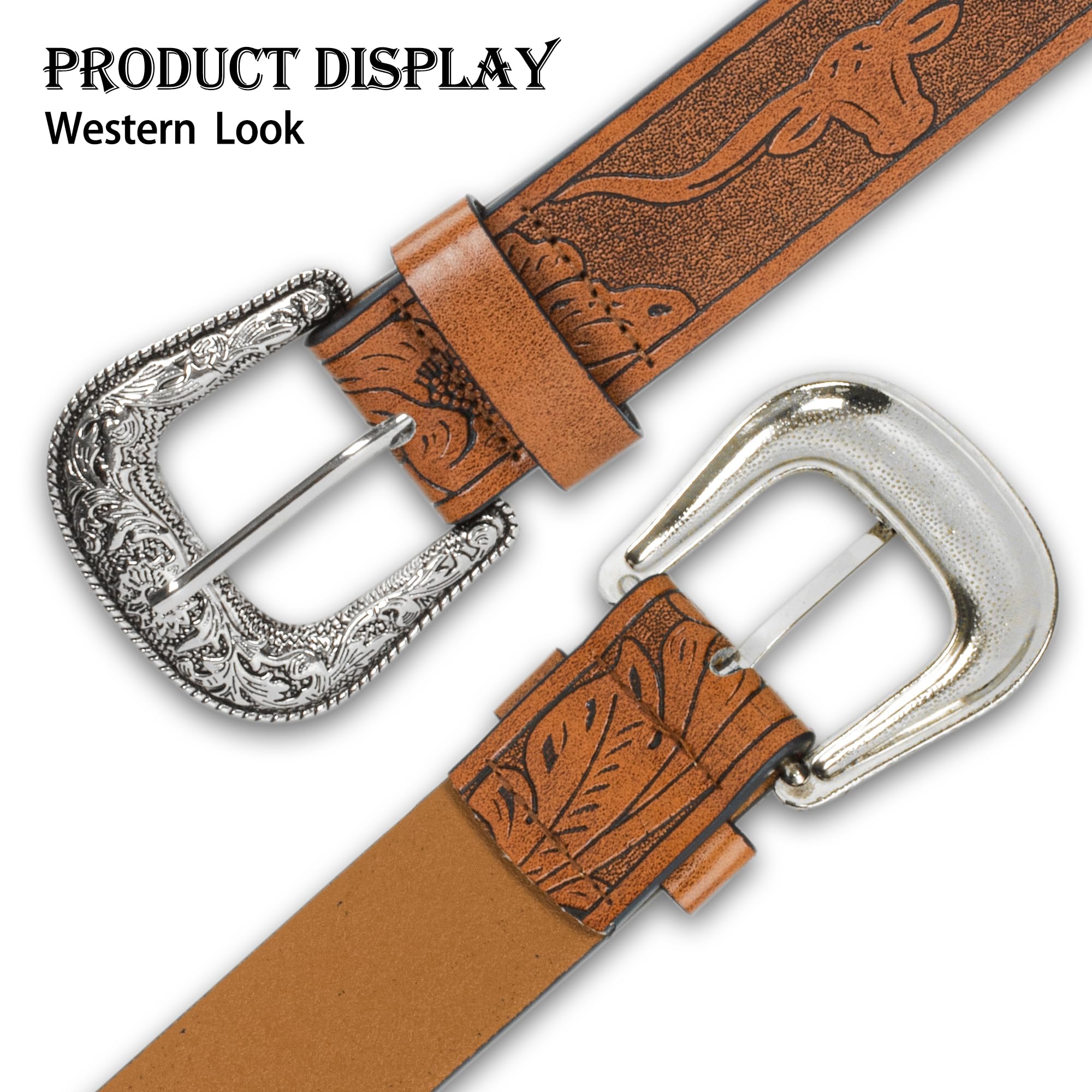 Western-Leather-Belts-Women Vintage Waist-Belts with Hollow Out Flower Buckle