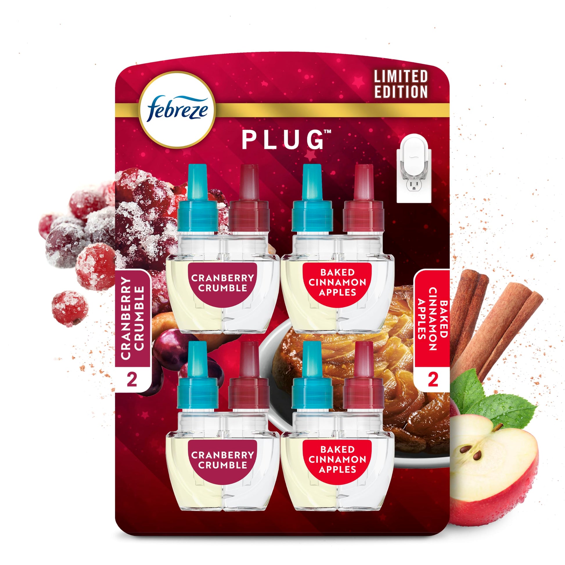 Febreze Odor-Fighting Fade Defy PLUG Air Freshener Baked Cinnamon Apple, Cranberry Crumble, .87 fl. oz. Oil Refill, 2 of Each