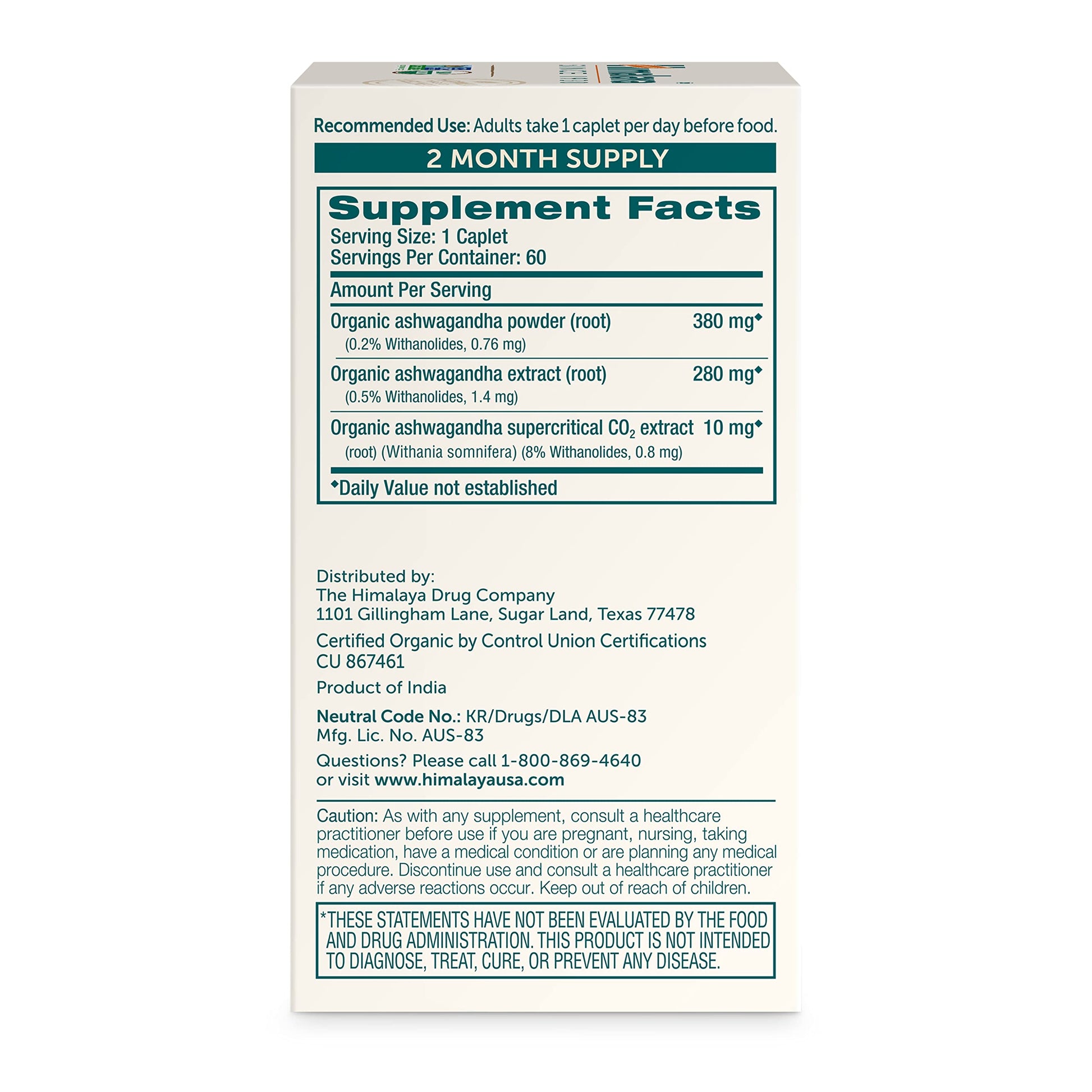 Himalaya Organic Ashwagandha Root, 60 Day Supply - Herbal Adrenal Support Supplements for Stress Relief and Energy Support - USDA Organic, Non-GMO, Vegan, Gluten Free, No Additives, 670 mg, 60 Caplets