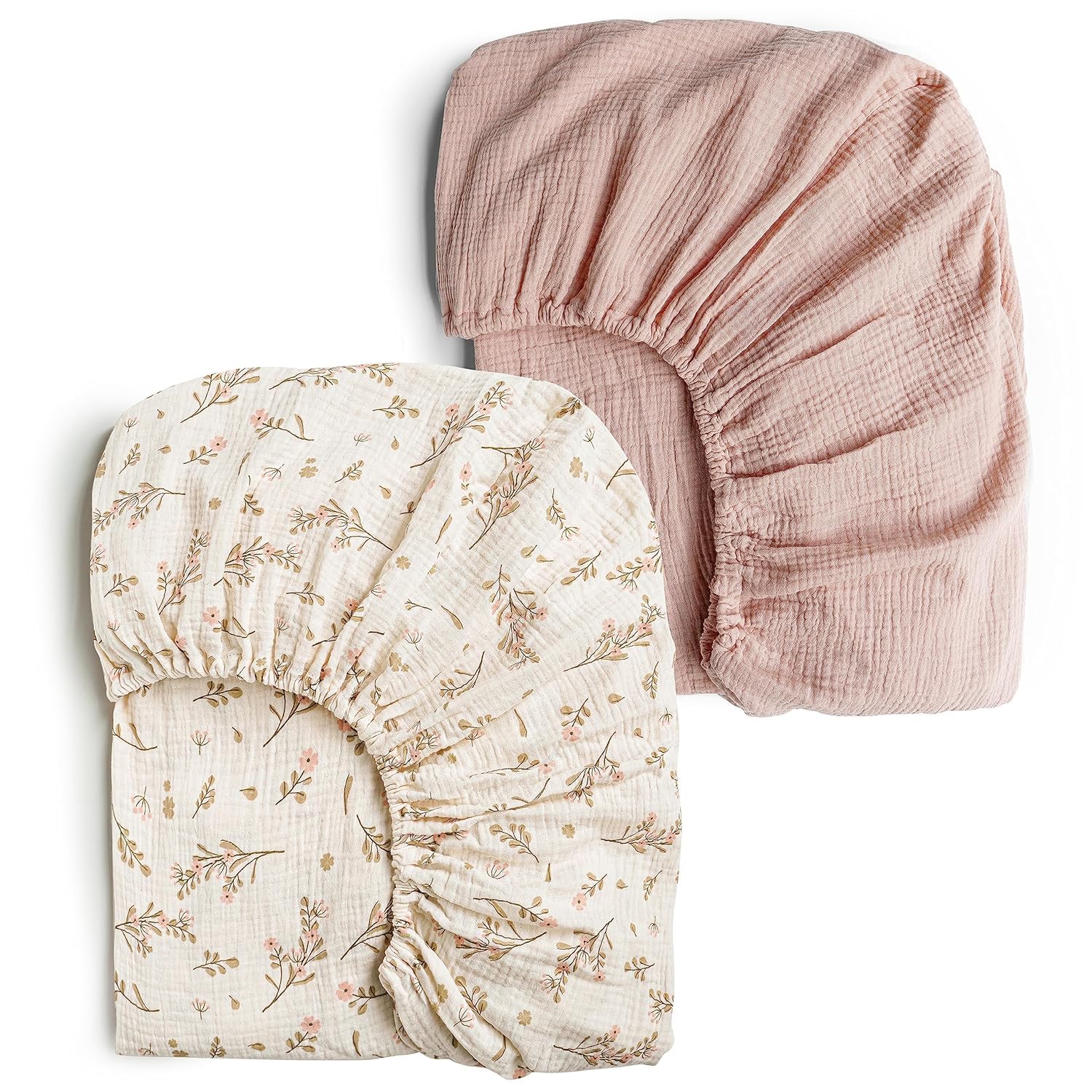 Konssy Musselin-Kinderbettlaken für Mädchen und Jungen, 2 St. weiche und atmungsaktive Baumwoll-Baby-Bettlaken für Standard-Kinderbettmatratzen, 132 x 71 cm (Blumenmuster, Rosa)